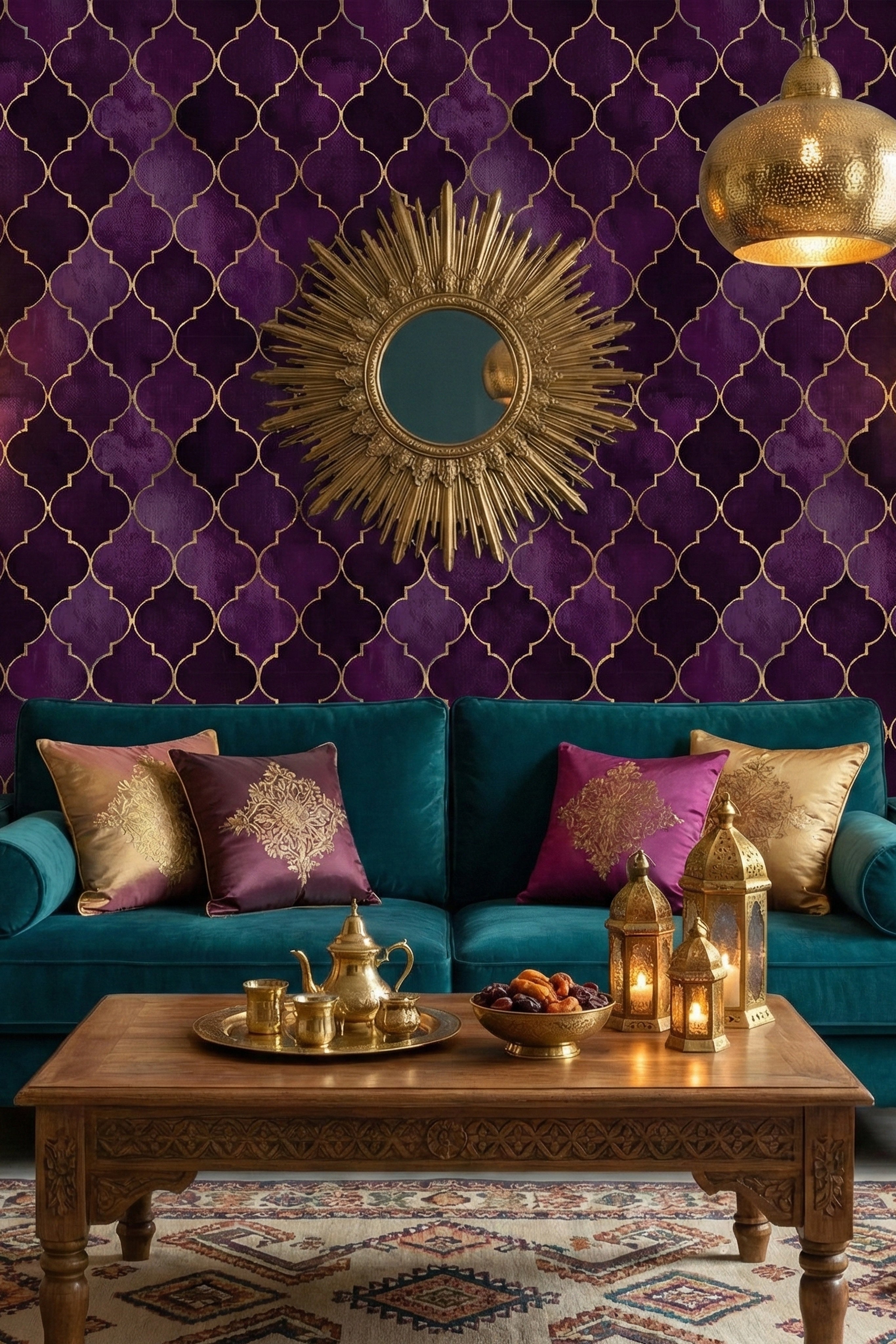 Amethyst Trellis wallpaper shown in a living room