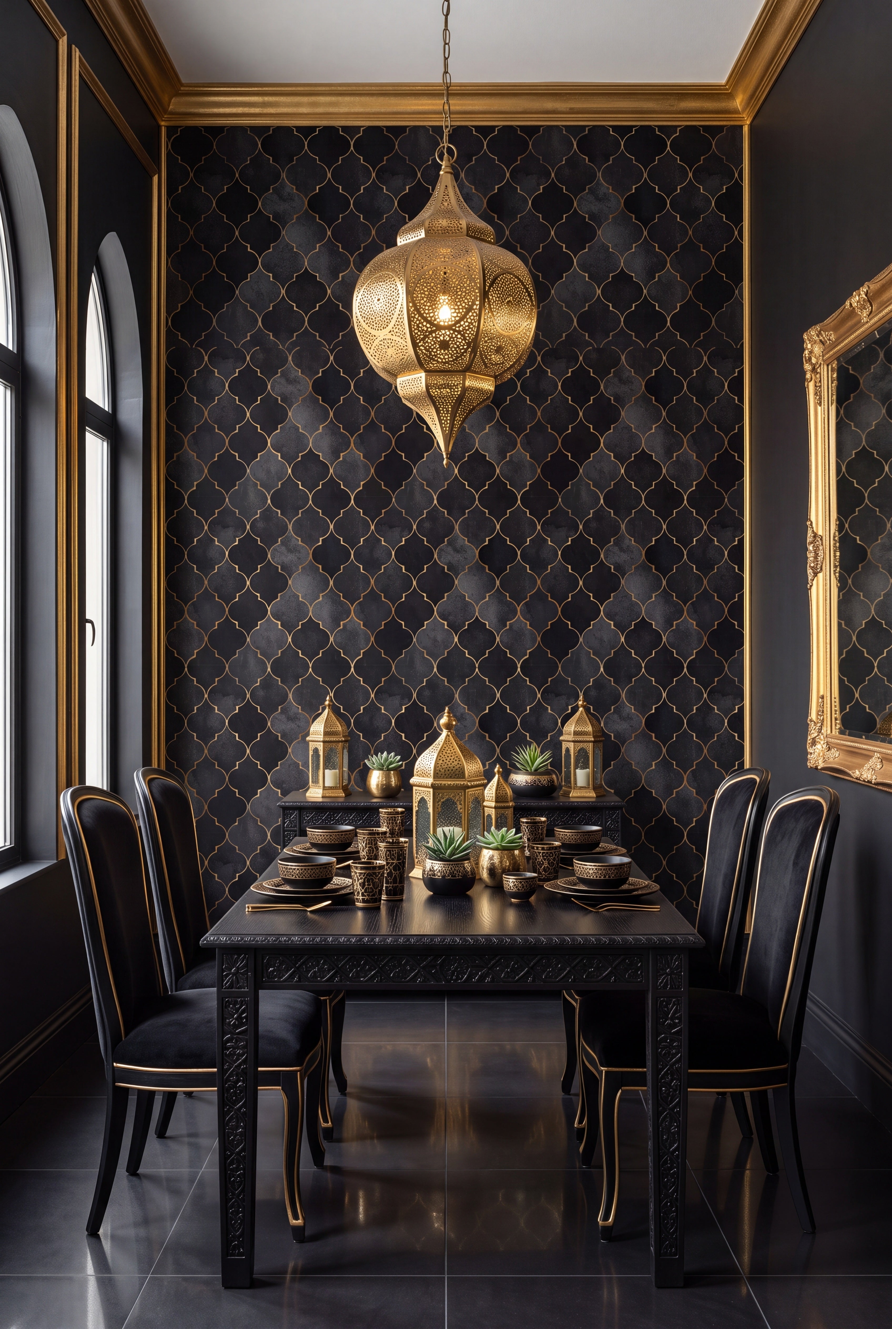 Gatsby Noir wallpaper shown in a dining room