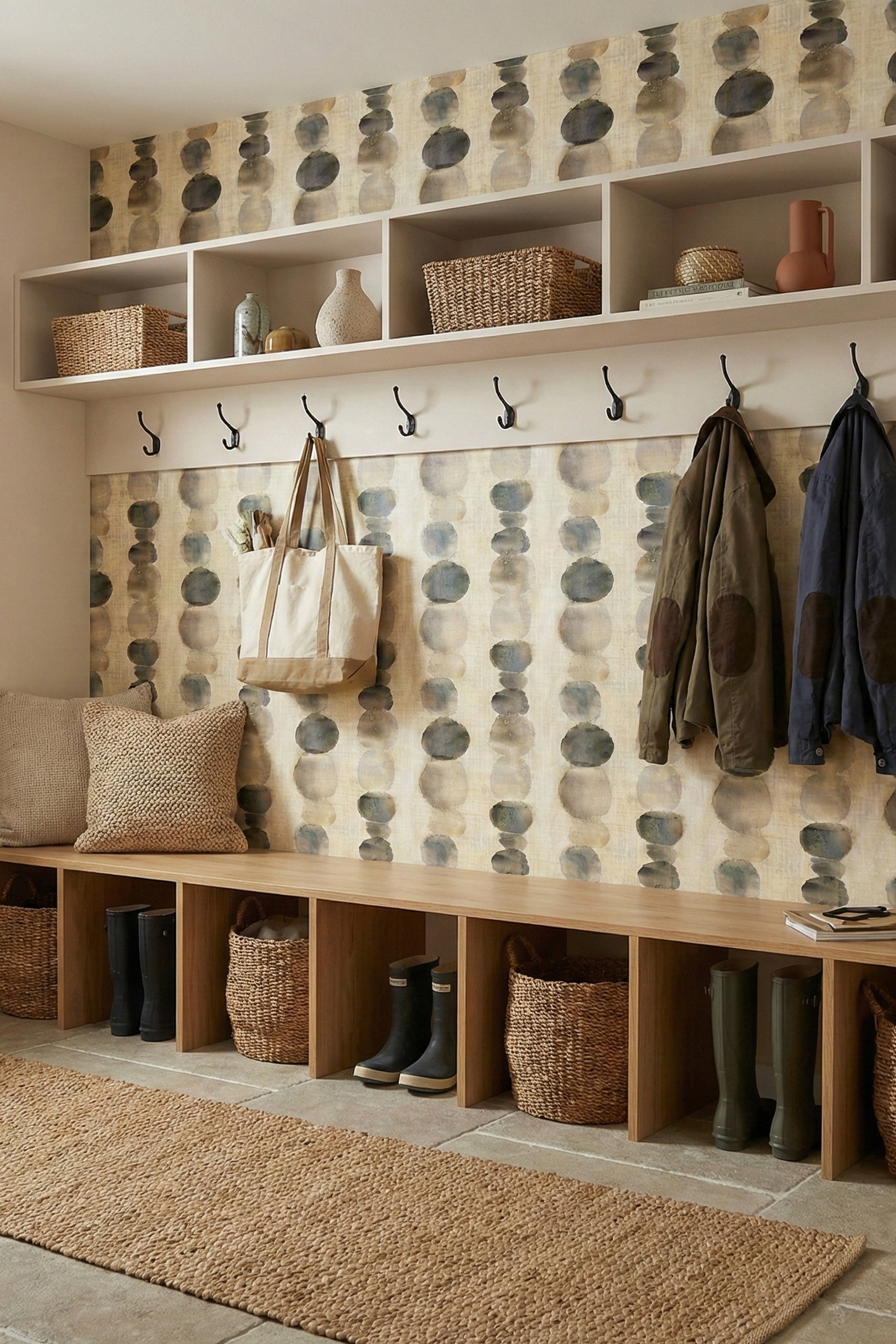 River Stones wallpaper shown in a mudroom