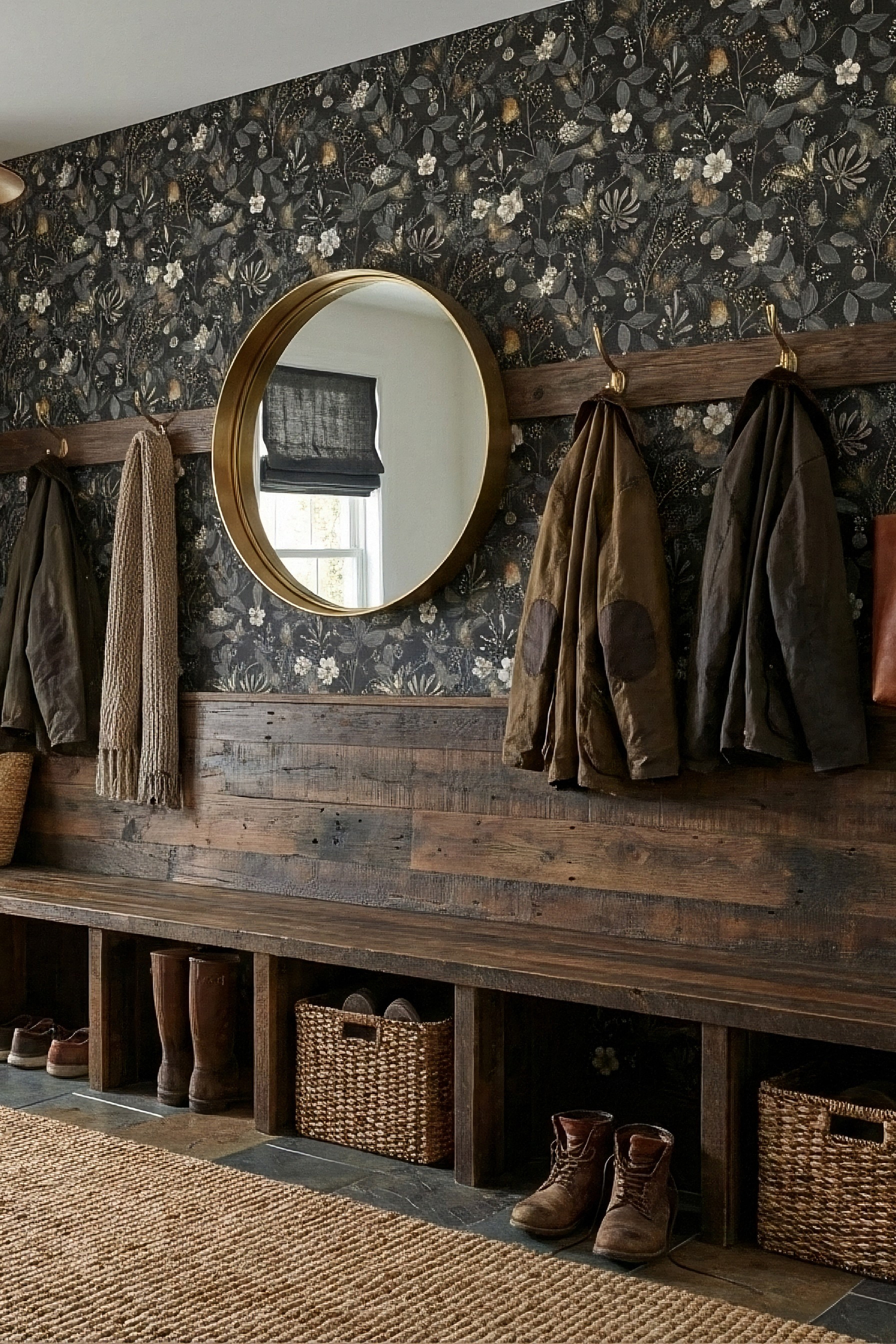 Velvet Flutter wallpaper shown in a mudroom
