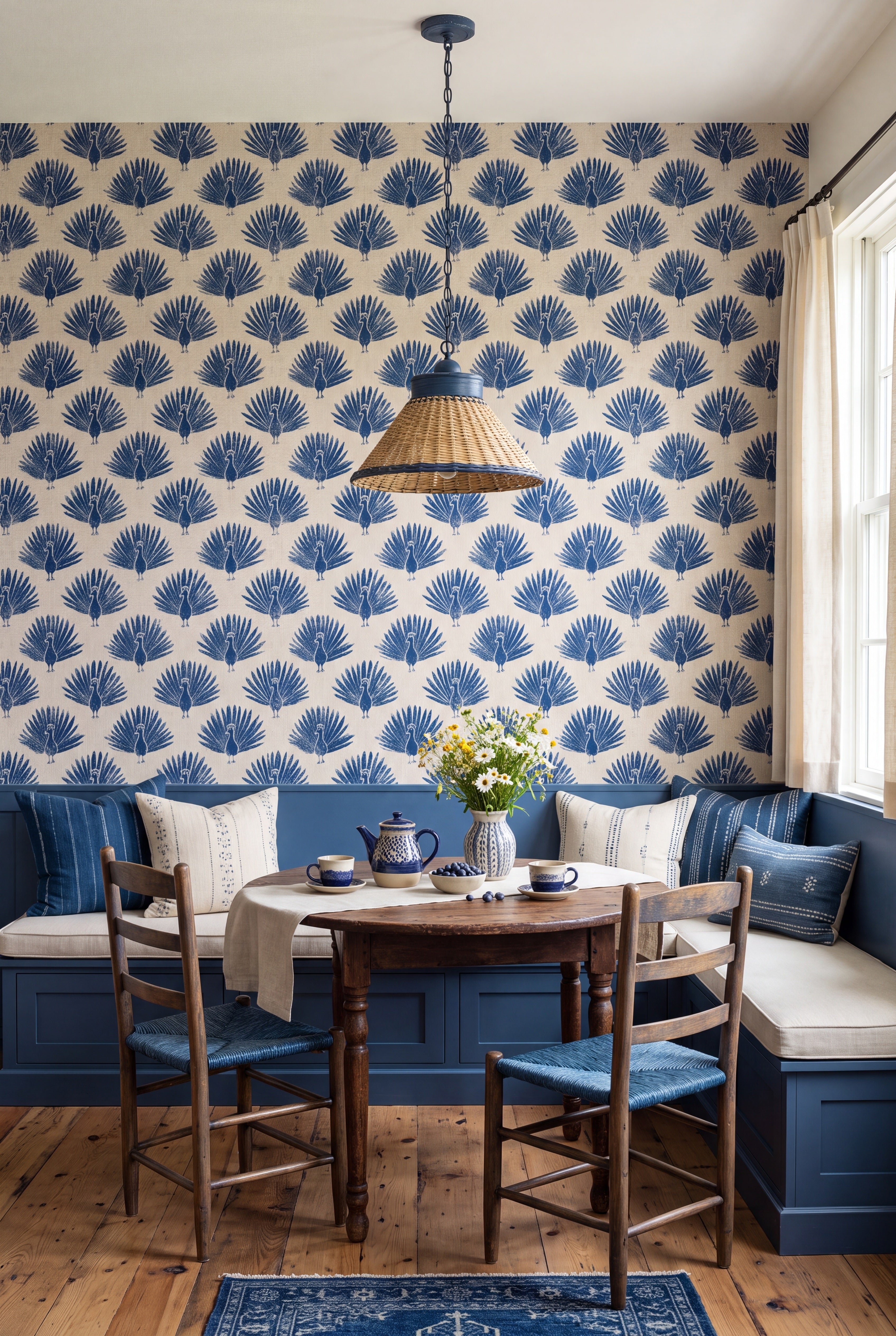 Linen Peacock wallpaper shown in a cozy nook