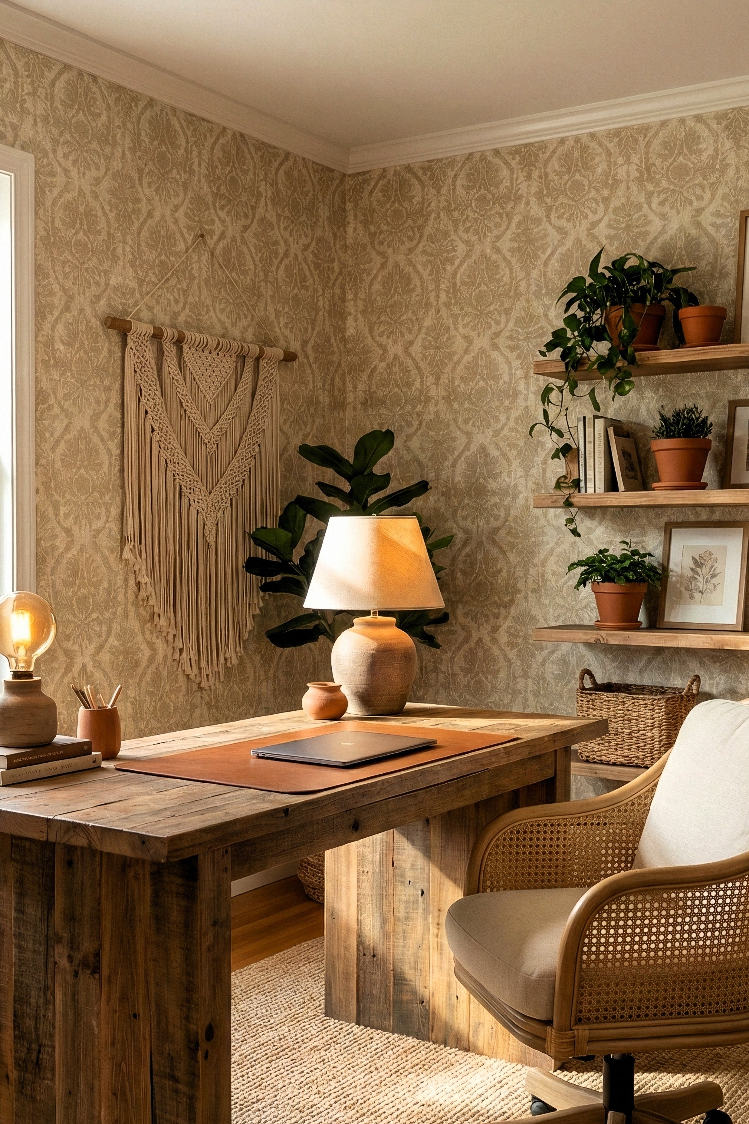 Linen Damask wallpaper shown in a home office