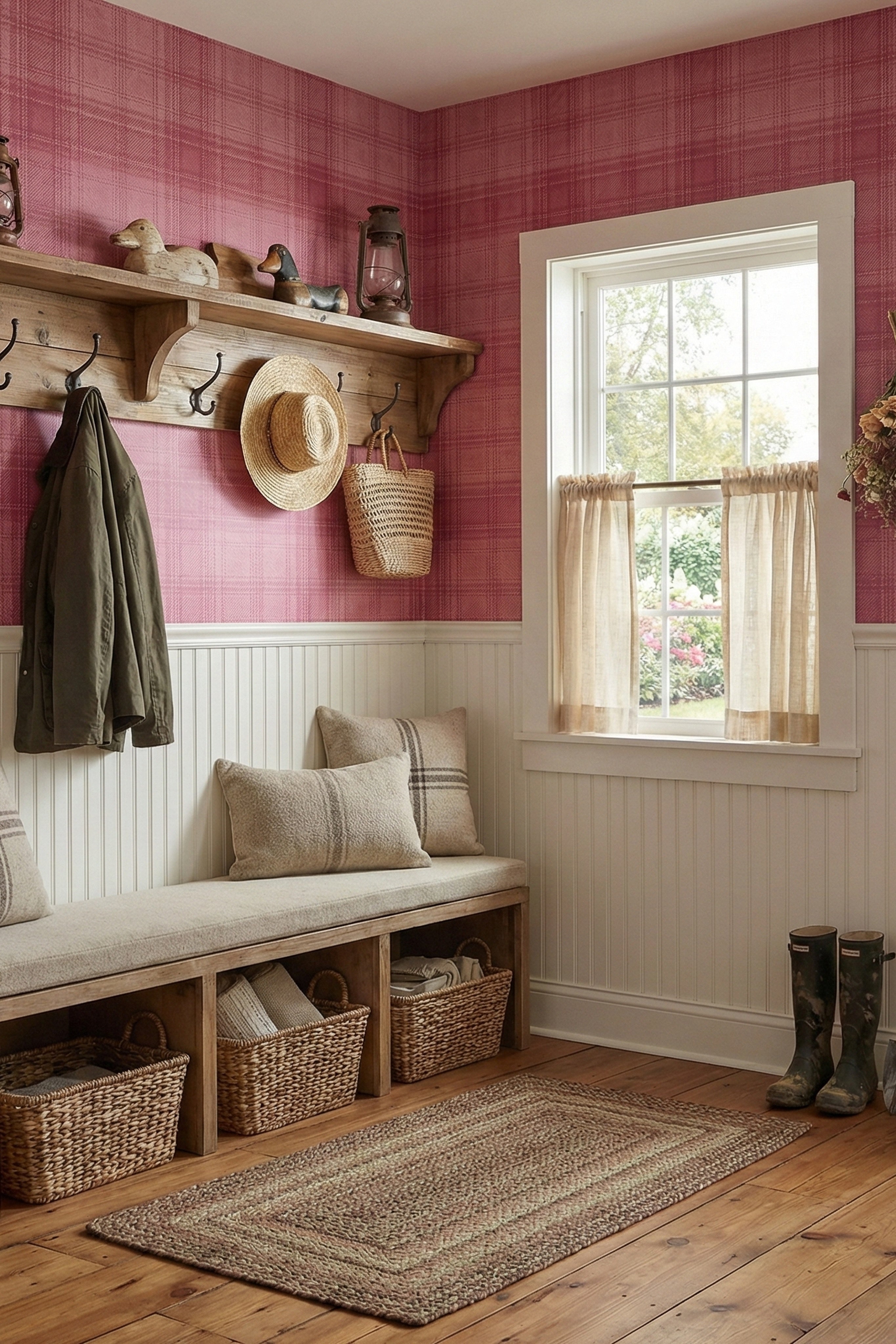 Pink Flannel wallpaper shown in a mudroom