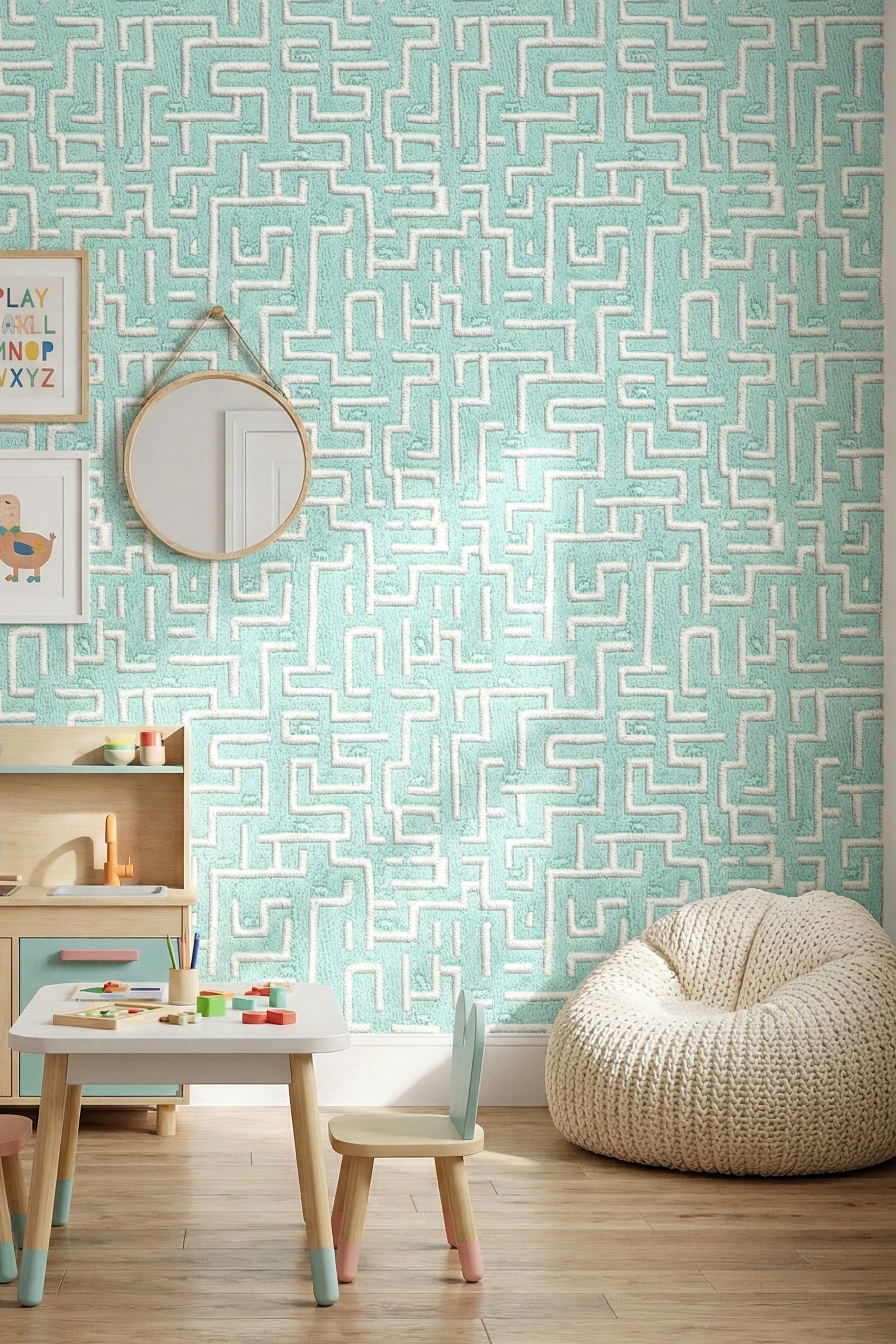Mint Maze wallpaper shown in a playroom
