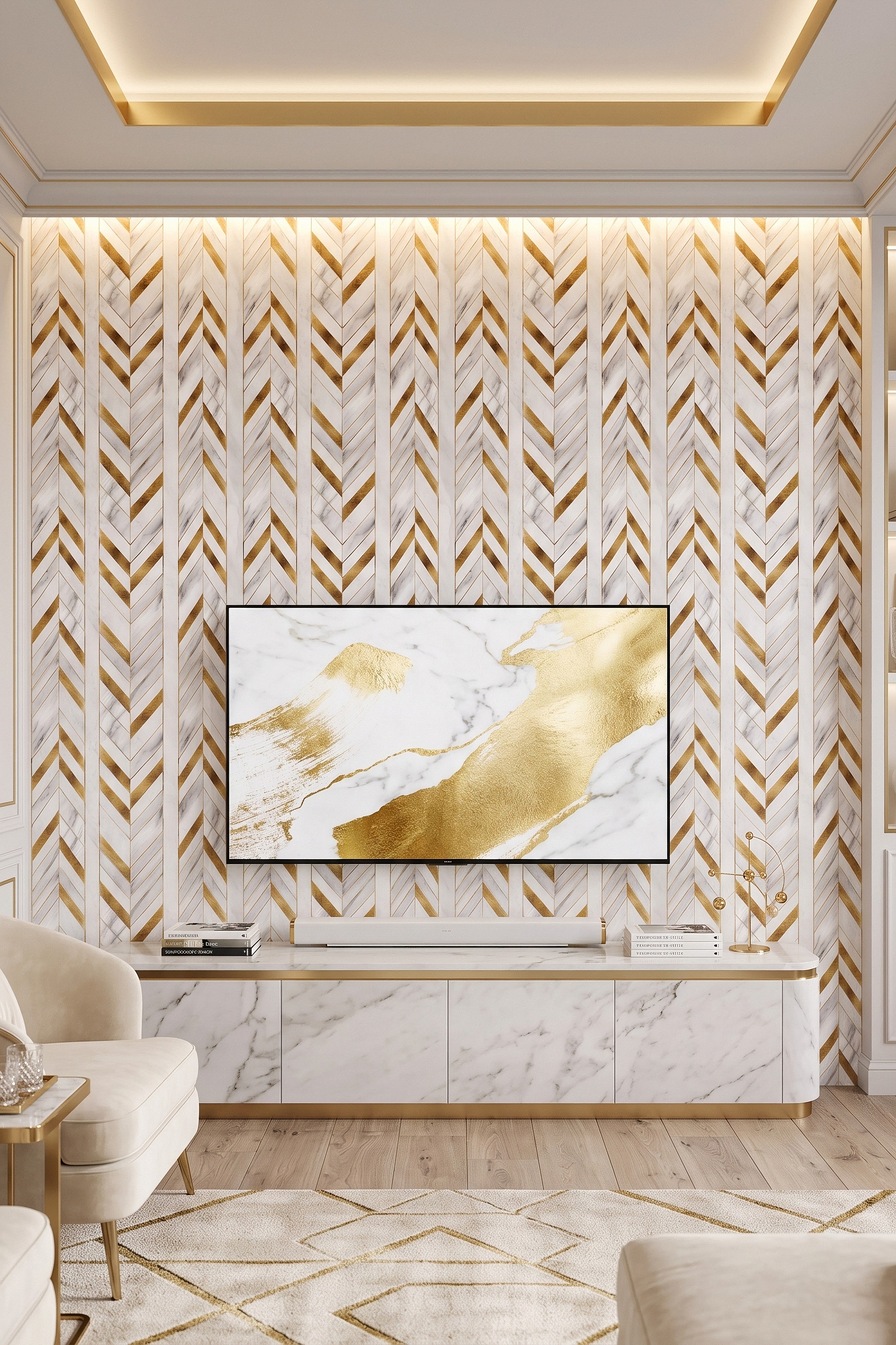 Gilded Chevron wallpaper shown in a media room
