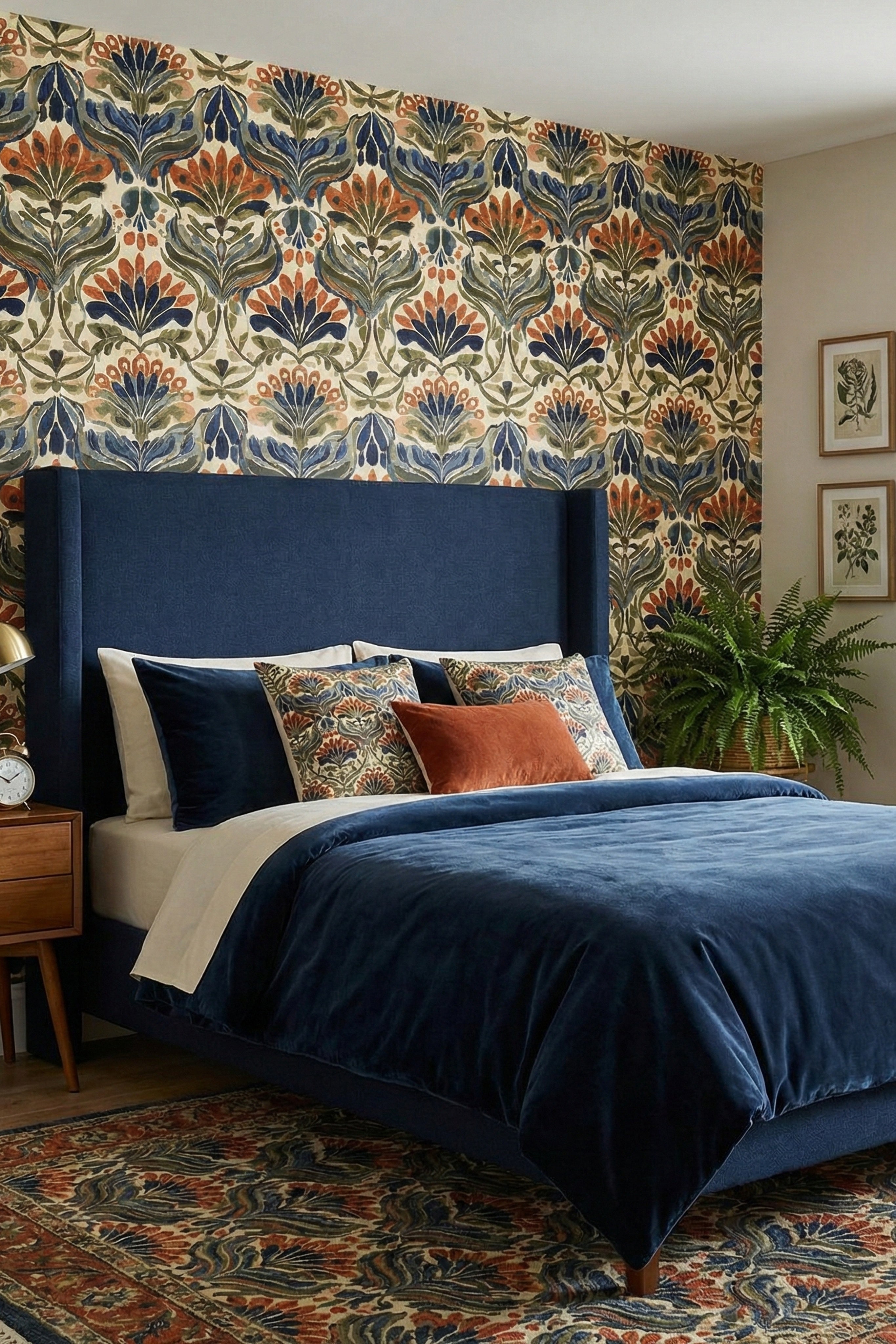 Nouveau Peacock wallpaper shown in a bedroom