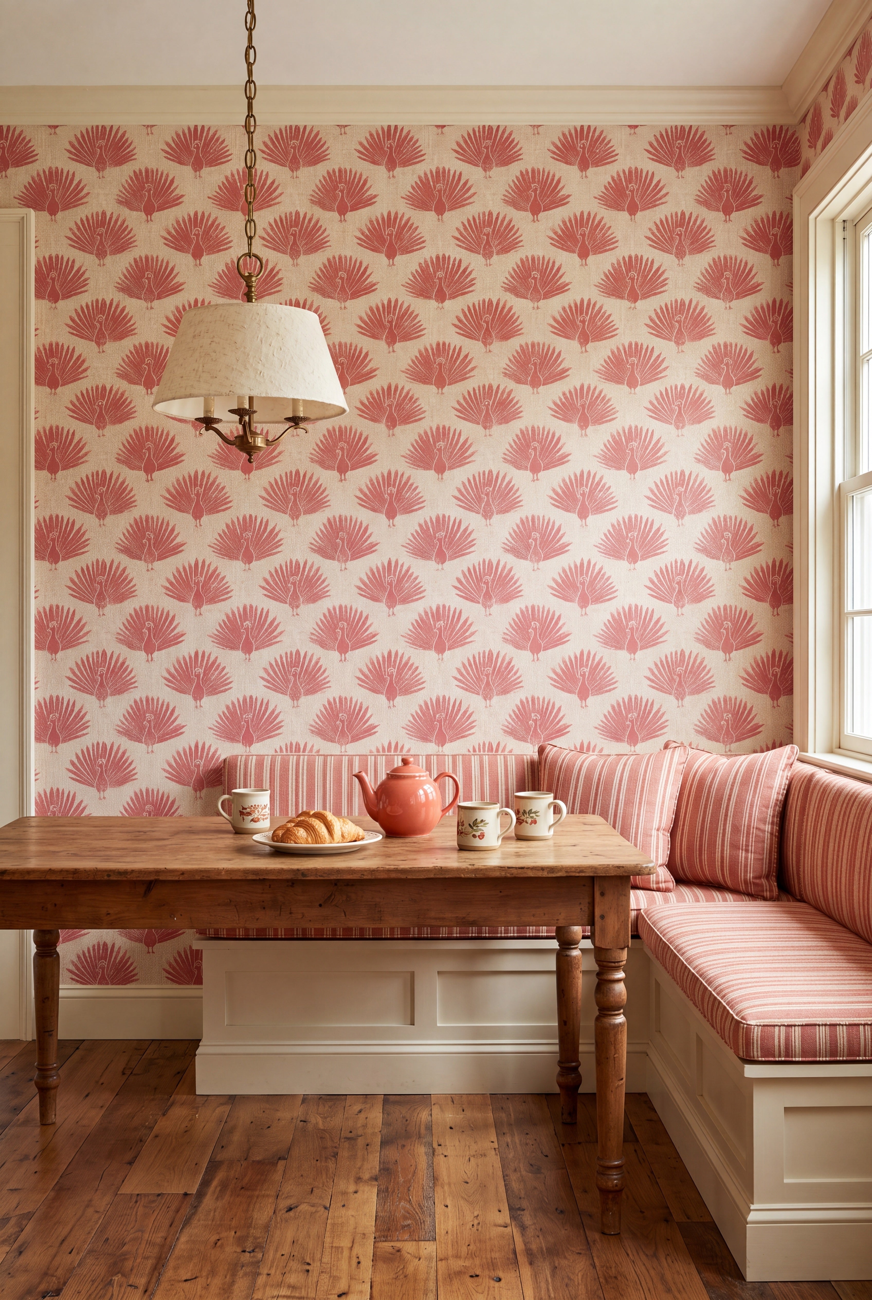 Blush Peacock wallpaper shown in a cozy nook