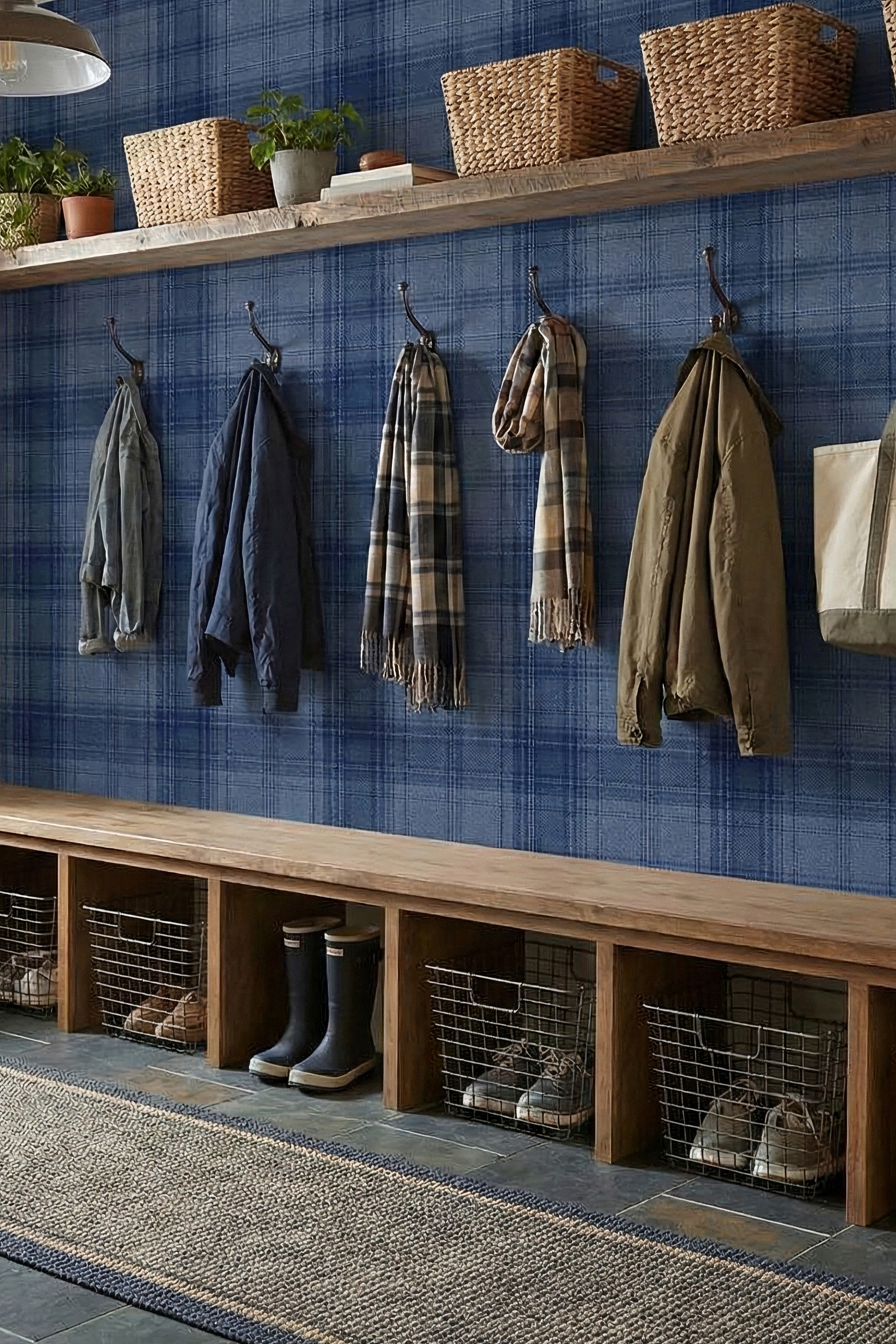 Navy Flannel wallpaper shown in a mudroom