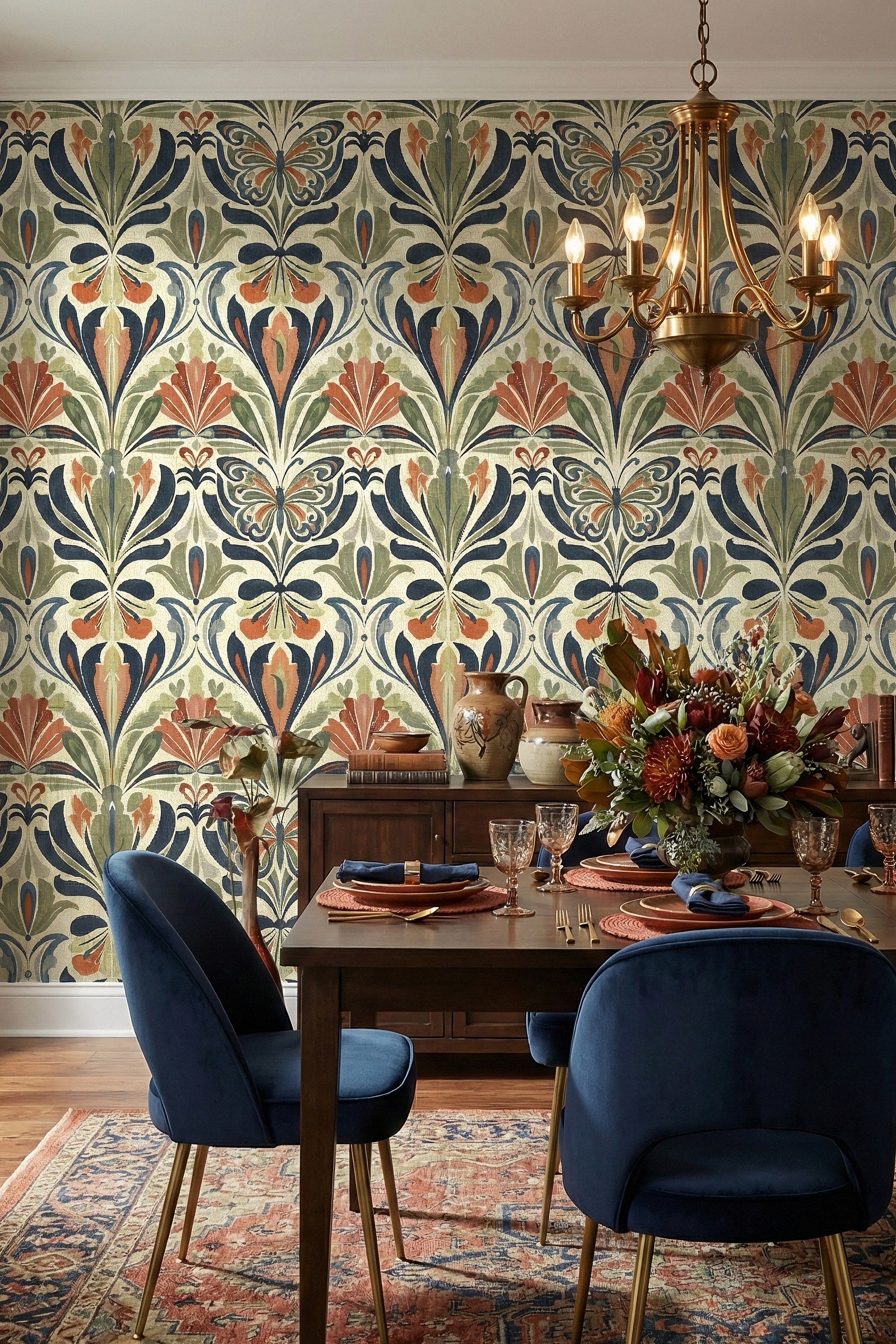 Nouveau Flutter wallpaper shown in a dining room