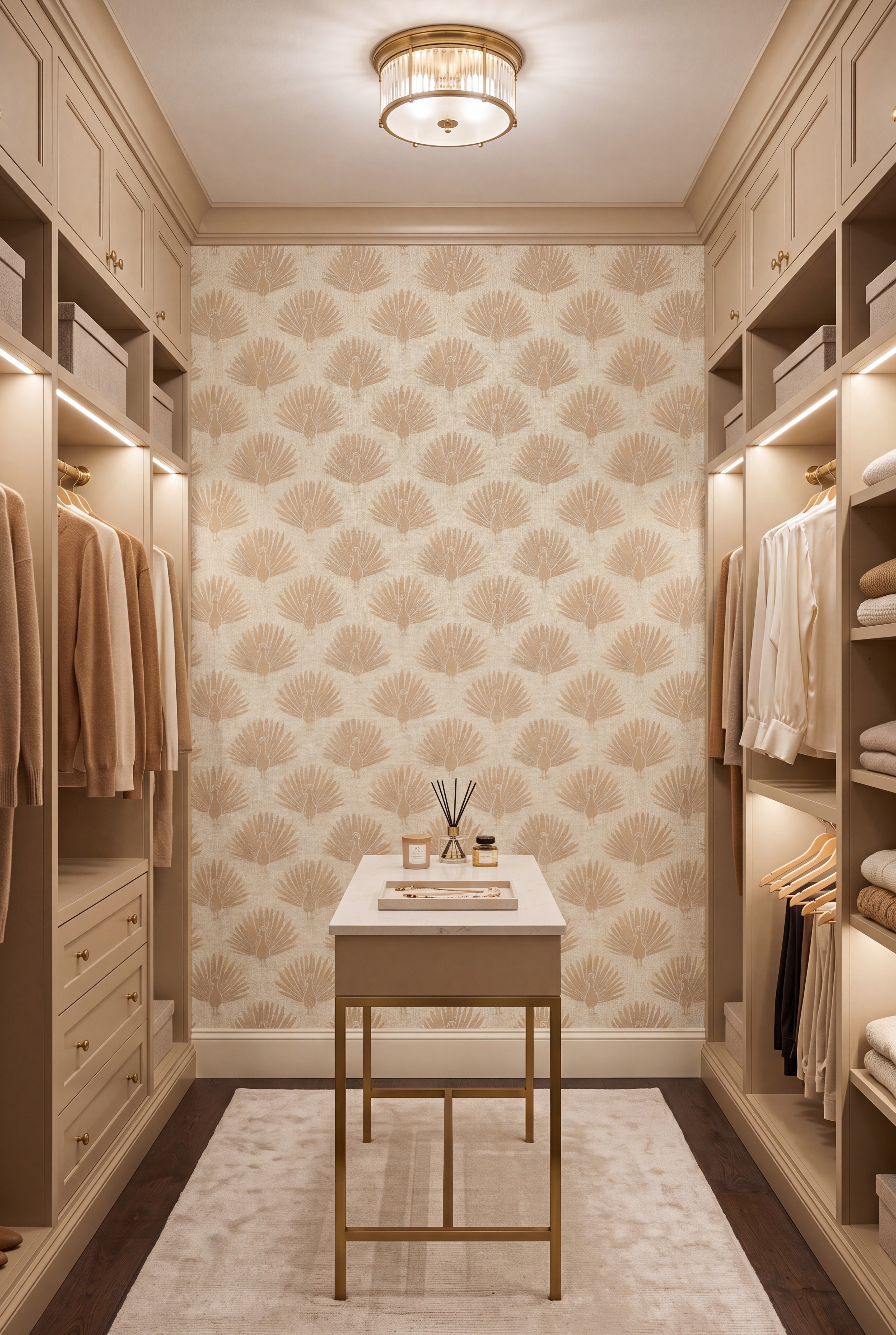 Golden Peacock wallpaper shown in a closet