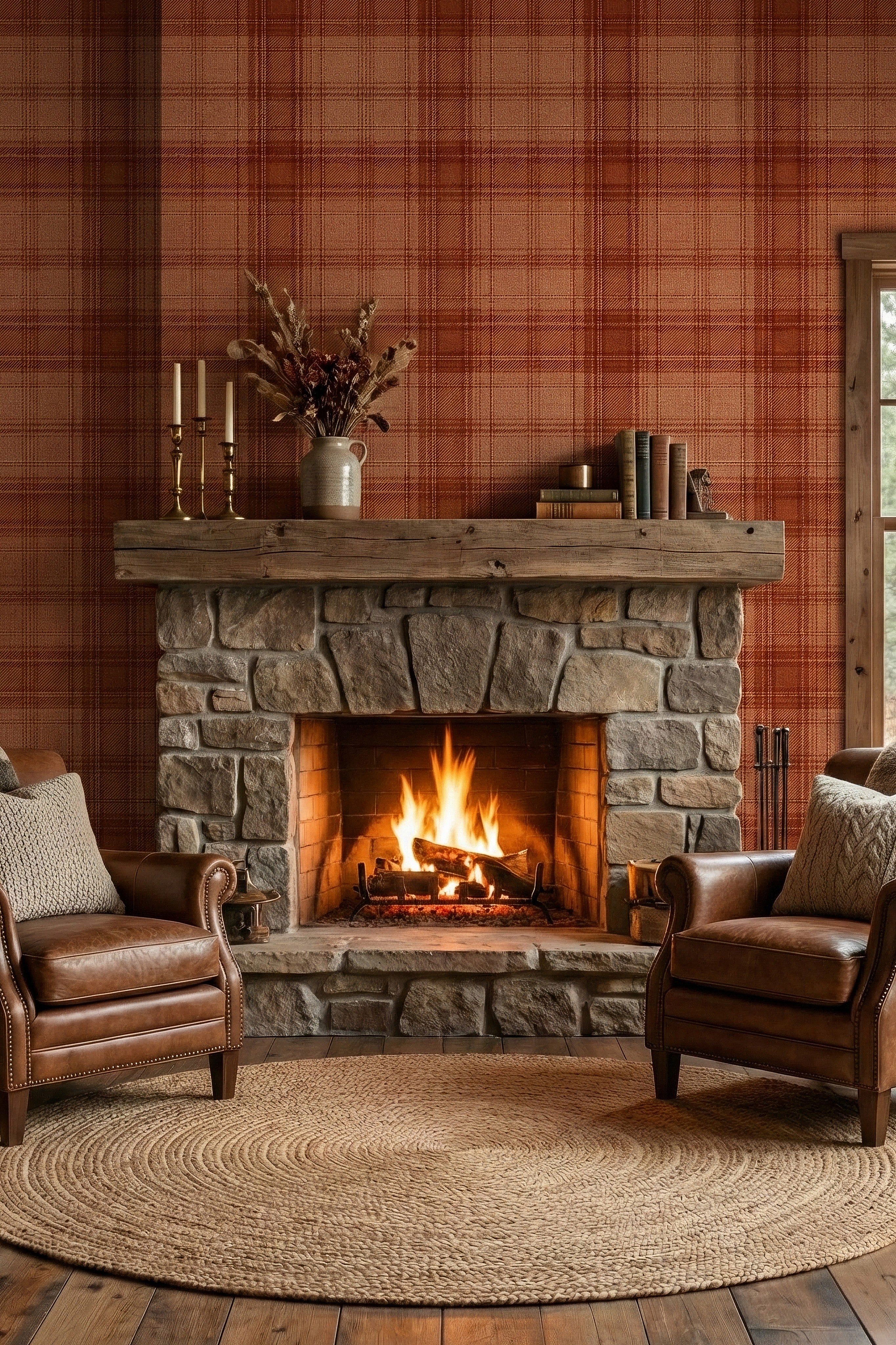 Rust Flannel wallpaper shown in a living room
