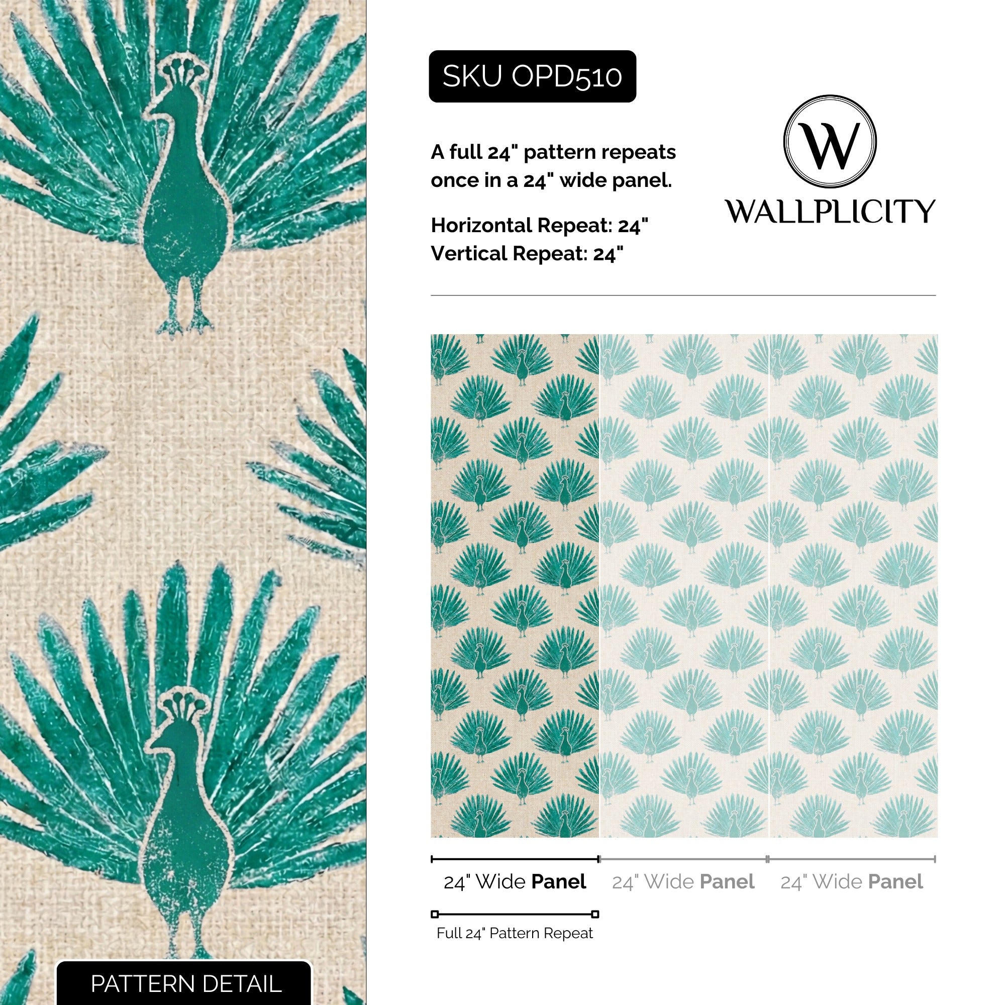 Fern Peacock wallpaper pattern detail and repeat size