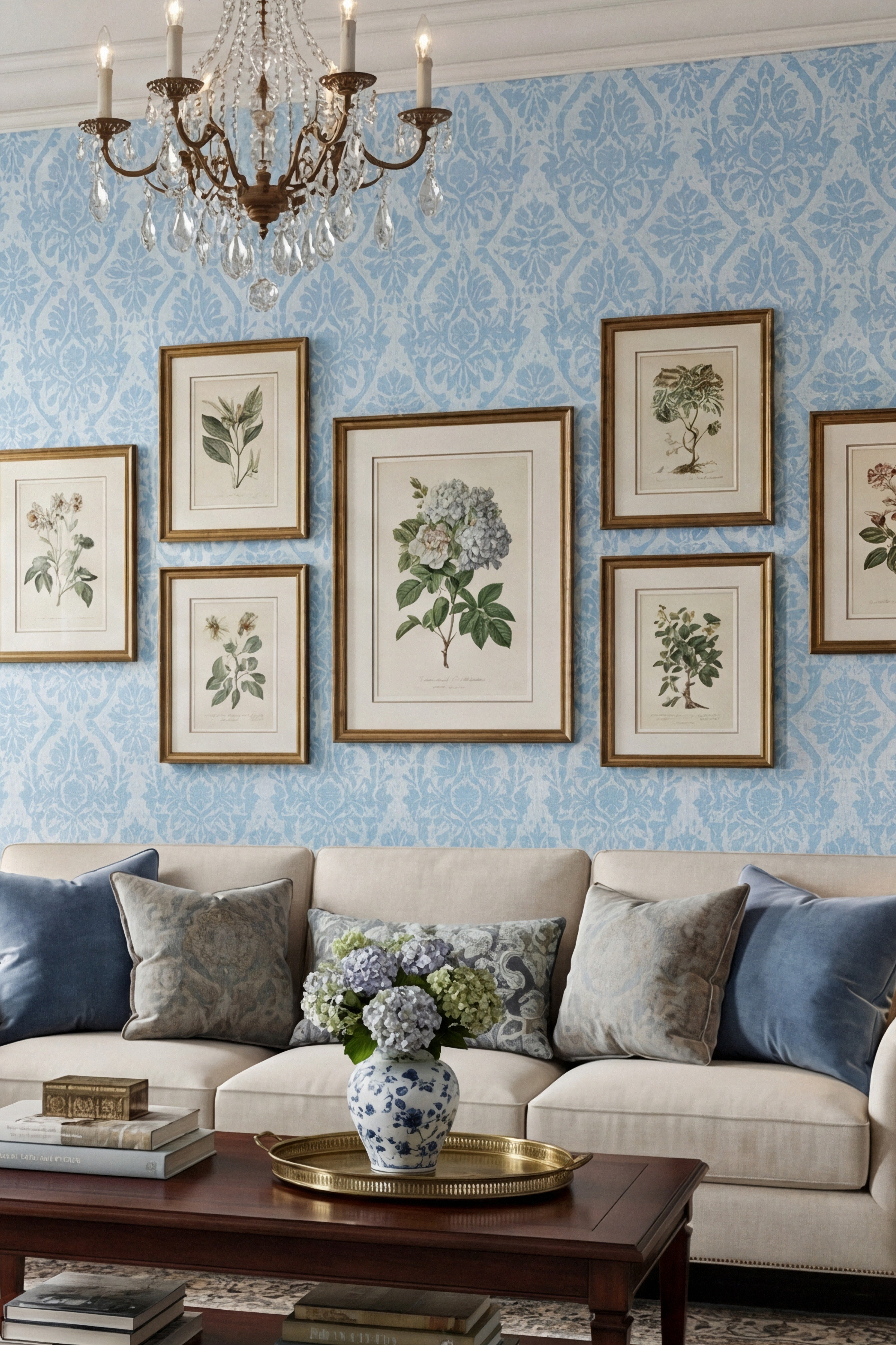 Morris Blue wallpaper shown in a living room