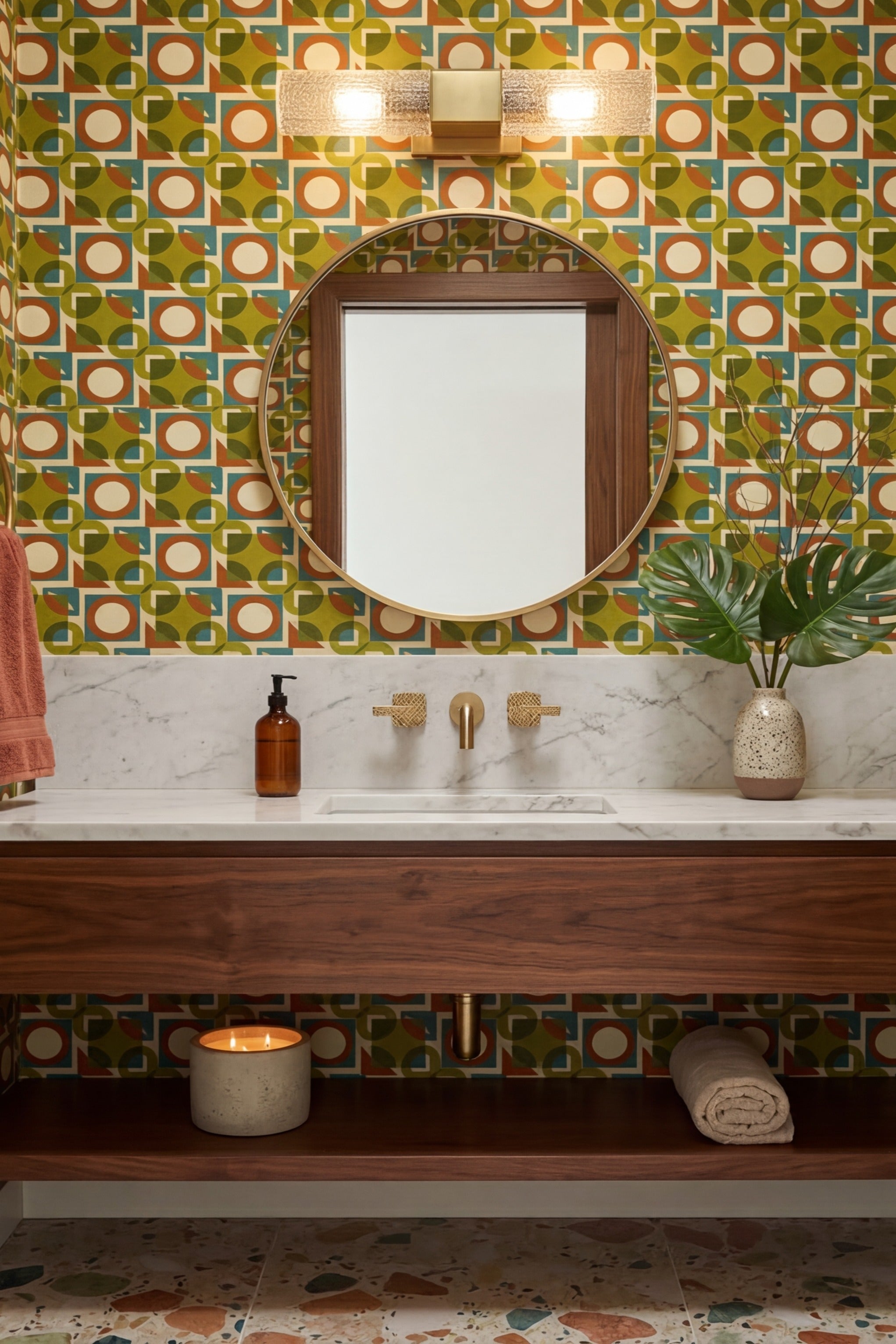 Groove Machine wallpaper shown in a powder room