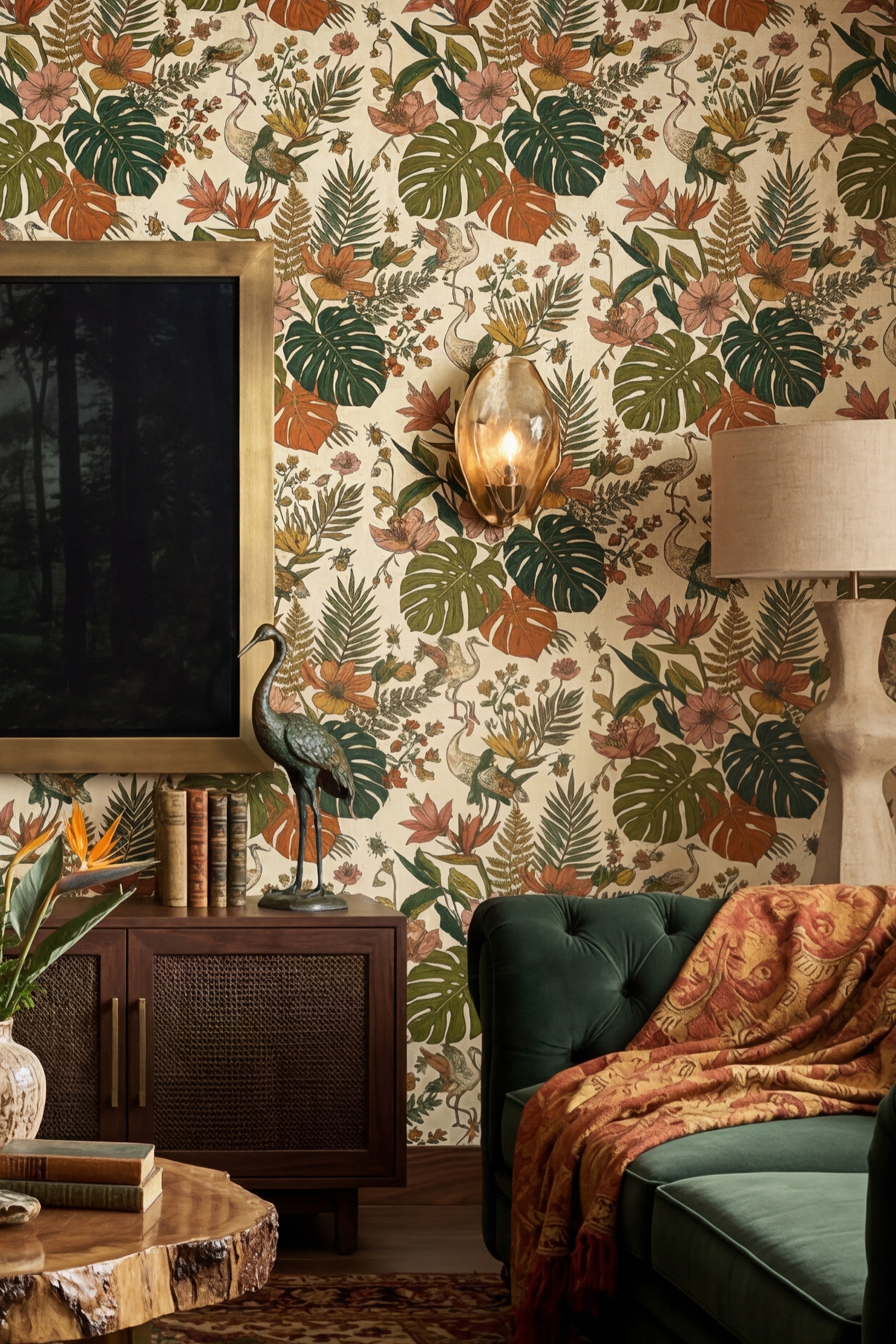Monstera Mambo wallpaper shown in a media room