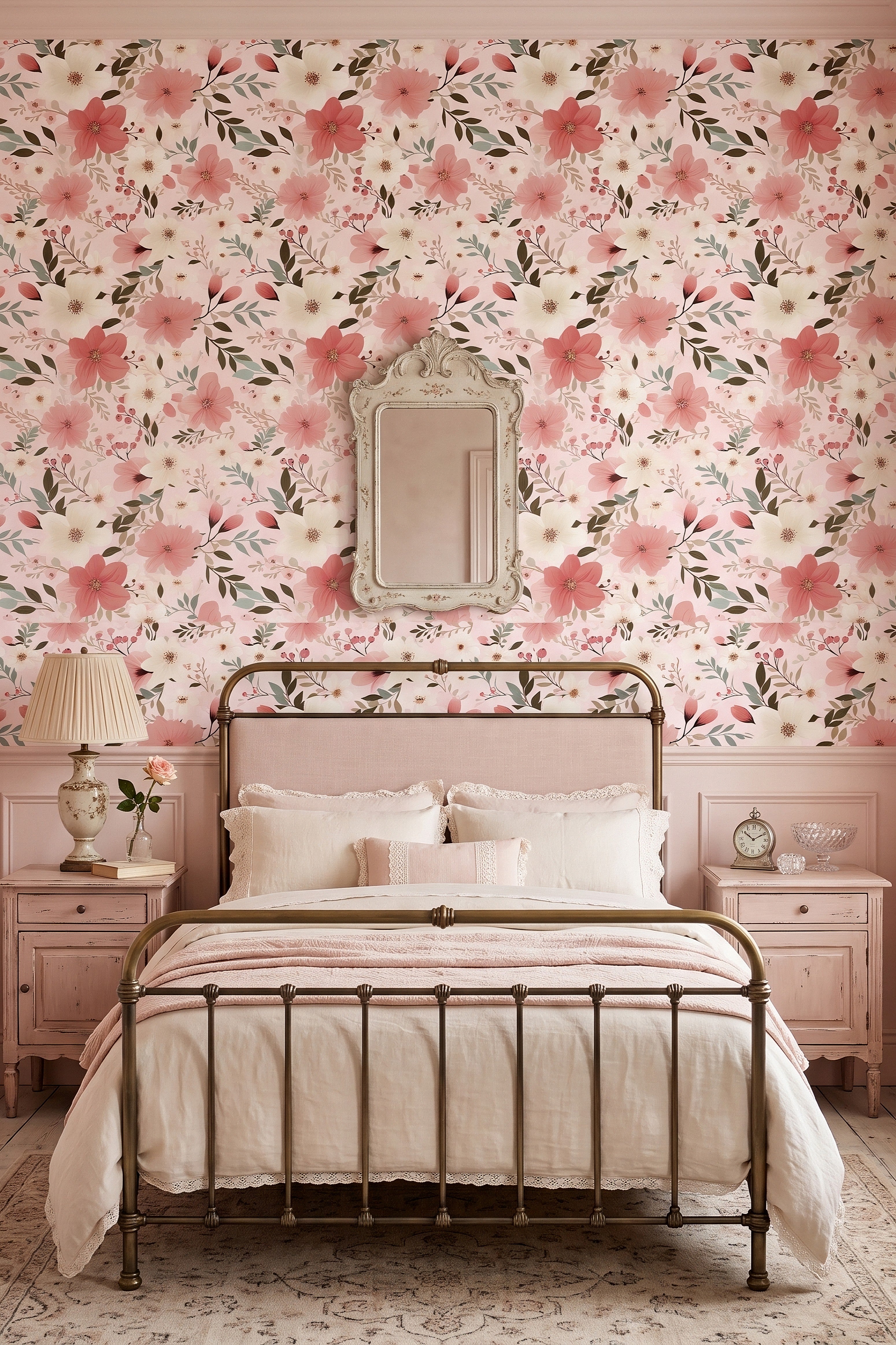 Rosie Posy wallpaper shown in a bedroom