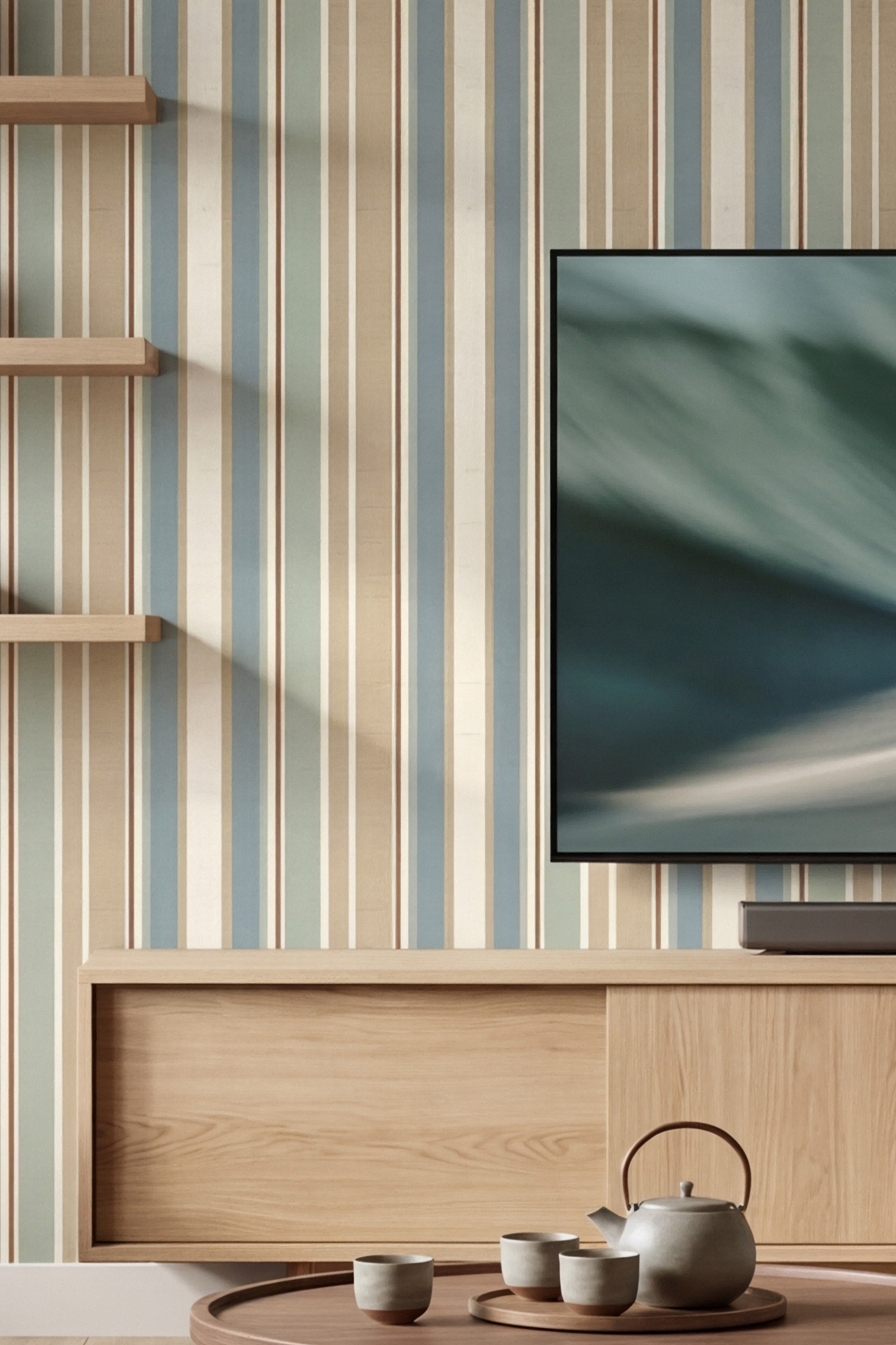 Zen Stripe wallpaper shown in a media room