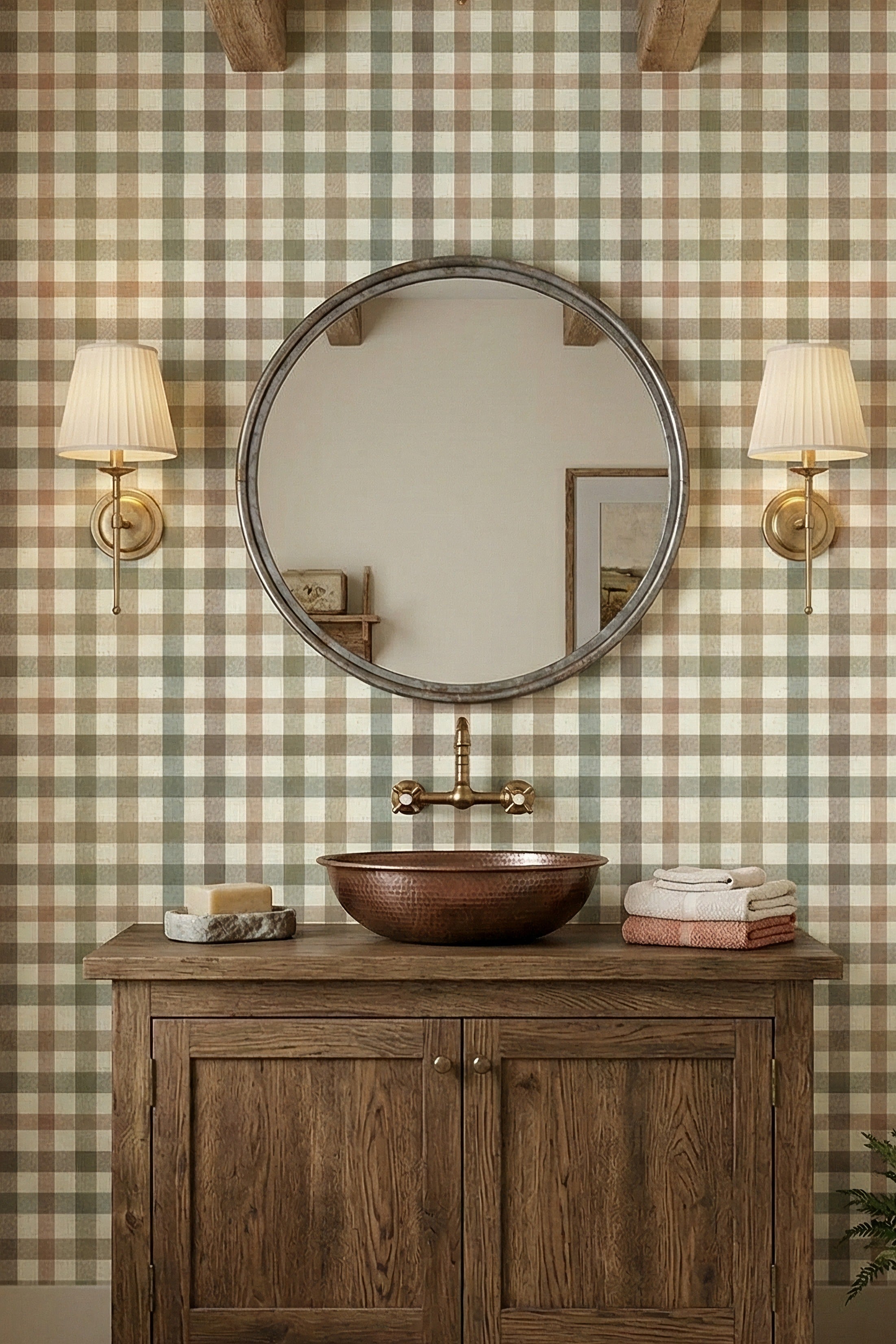 Market Gingham wallpaper shown in a powder room