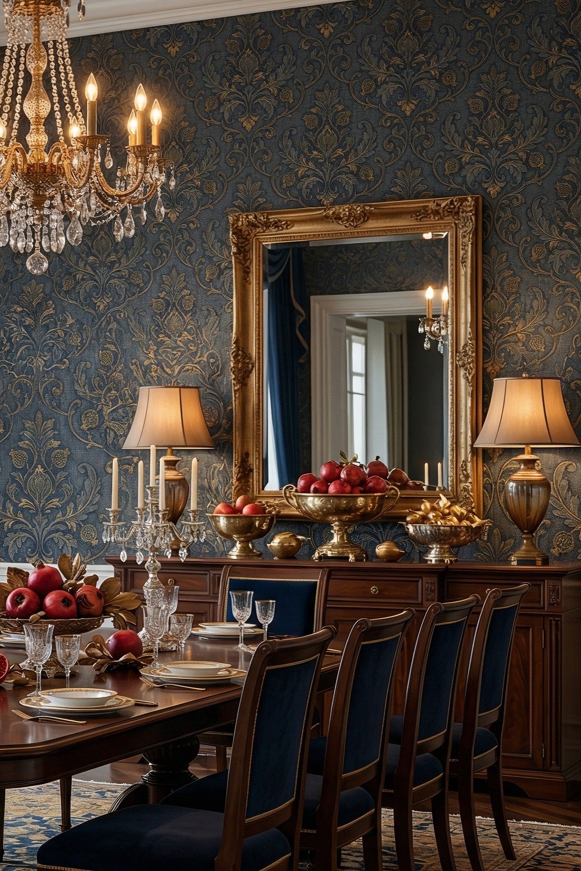 Midnight Damask wallpaper shown in a dining room