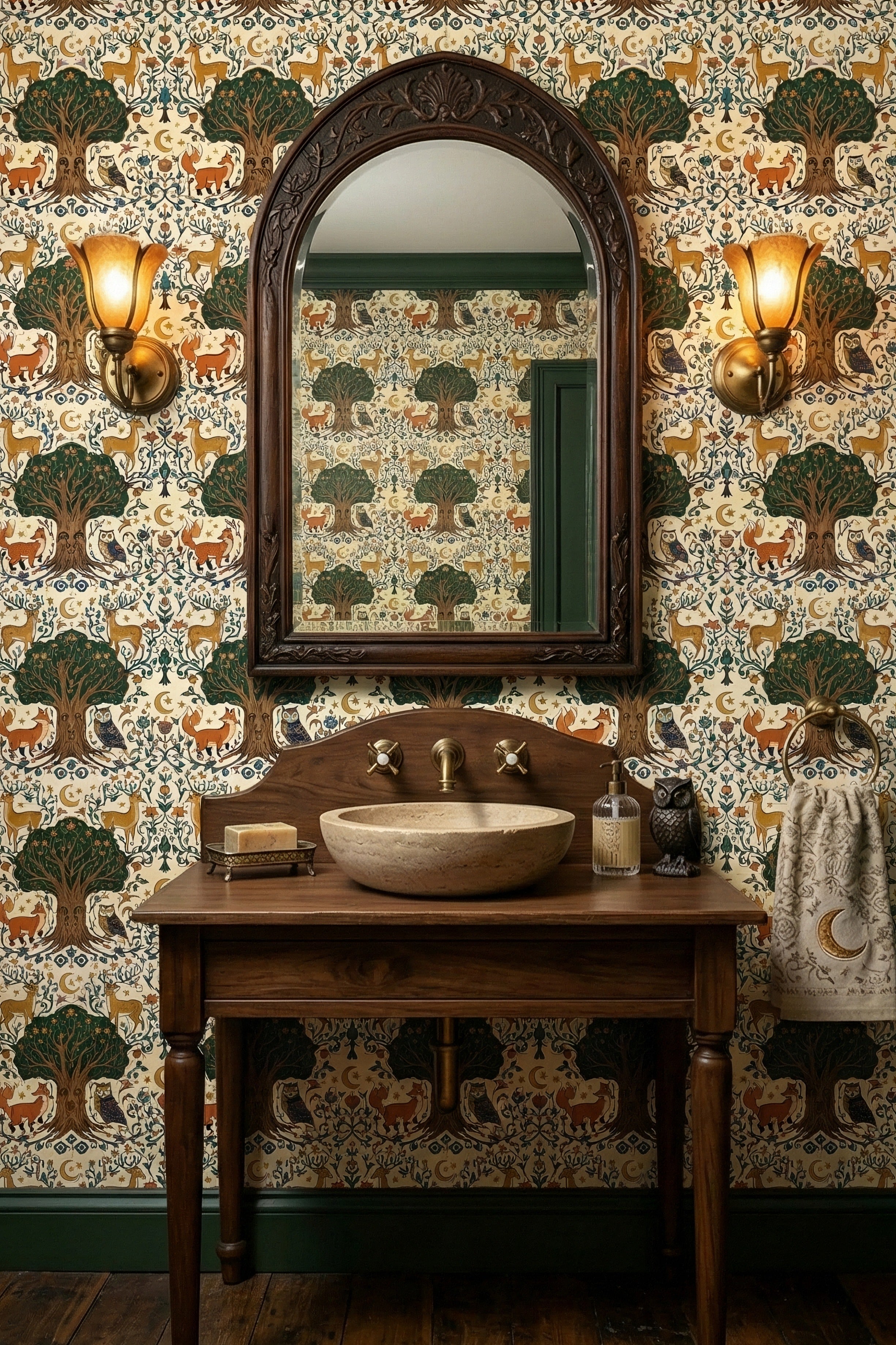 Woodland Lullaby wallpaper shown in a powder room