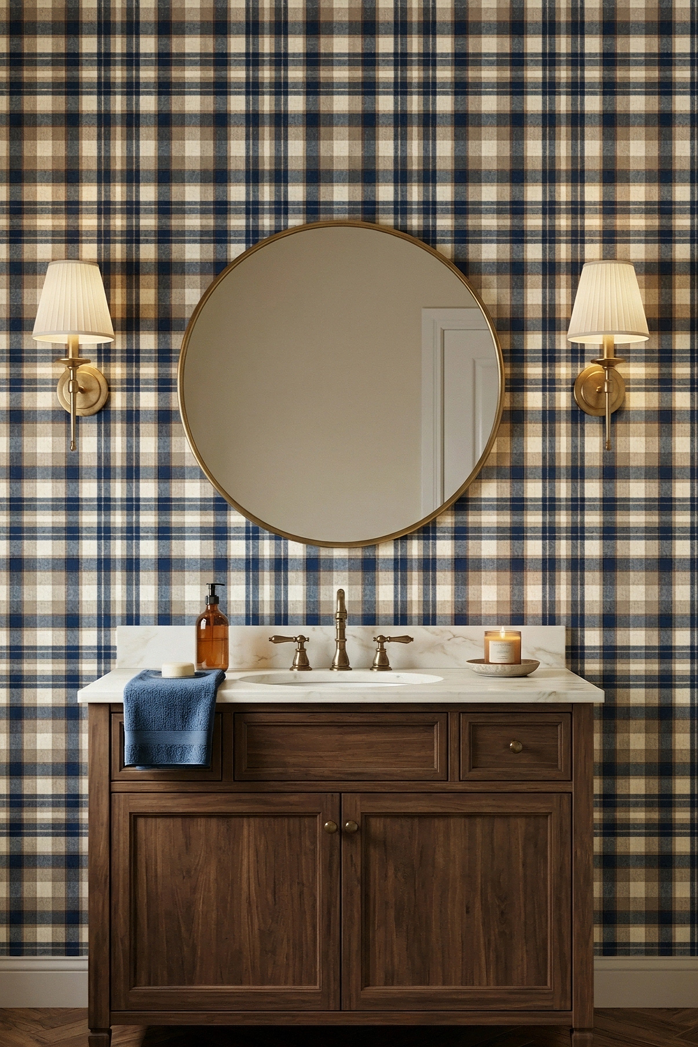 Cottage Plaid wallpaper shown in a powder room
