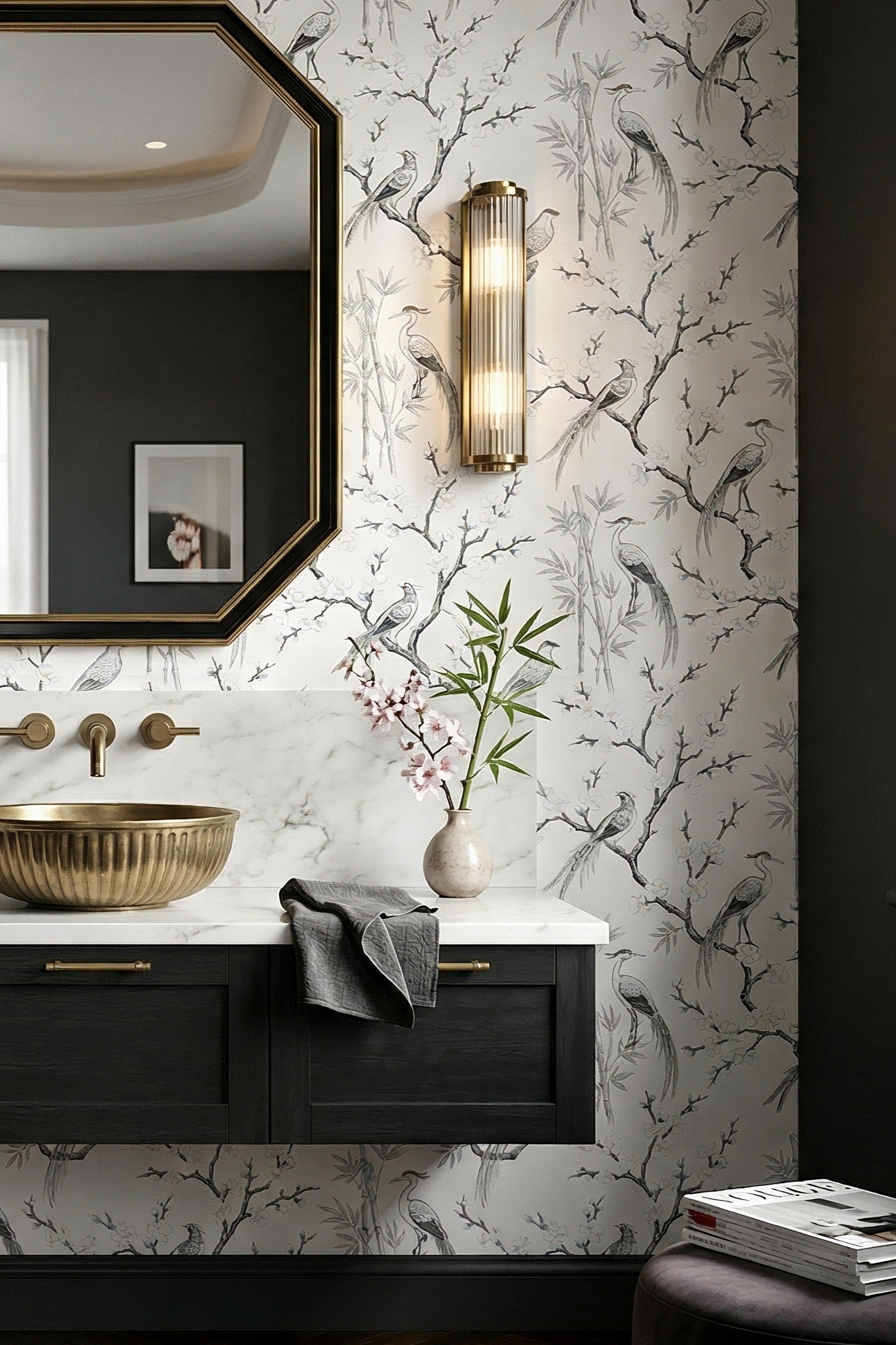 Ink Crane wallpaper shown in a powder room