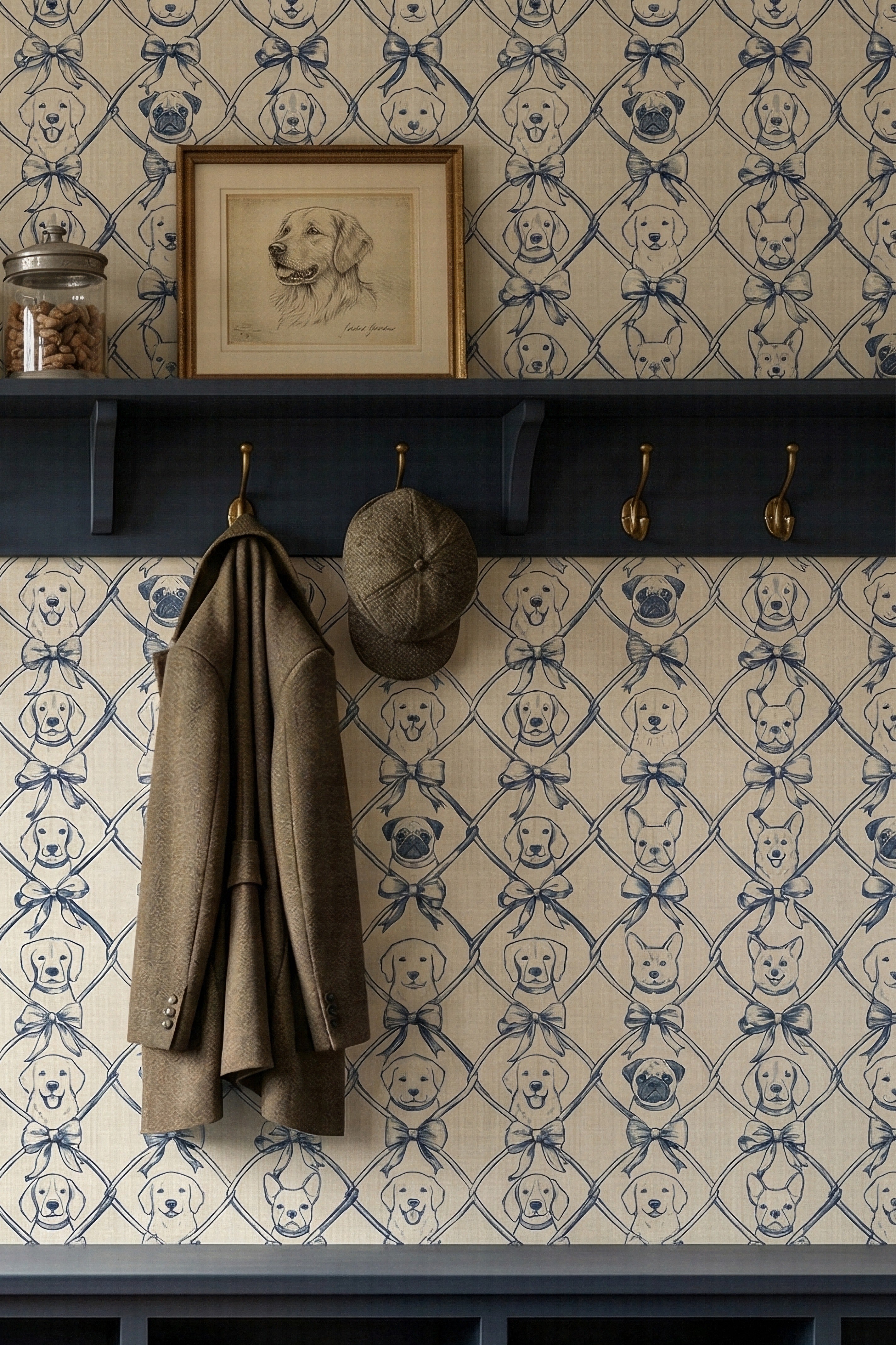 Puppy Toile wallpaper shown in a mudroom