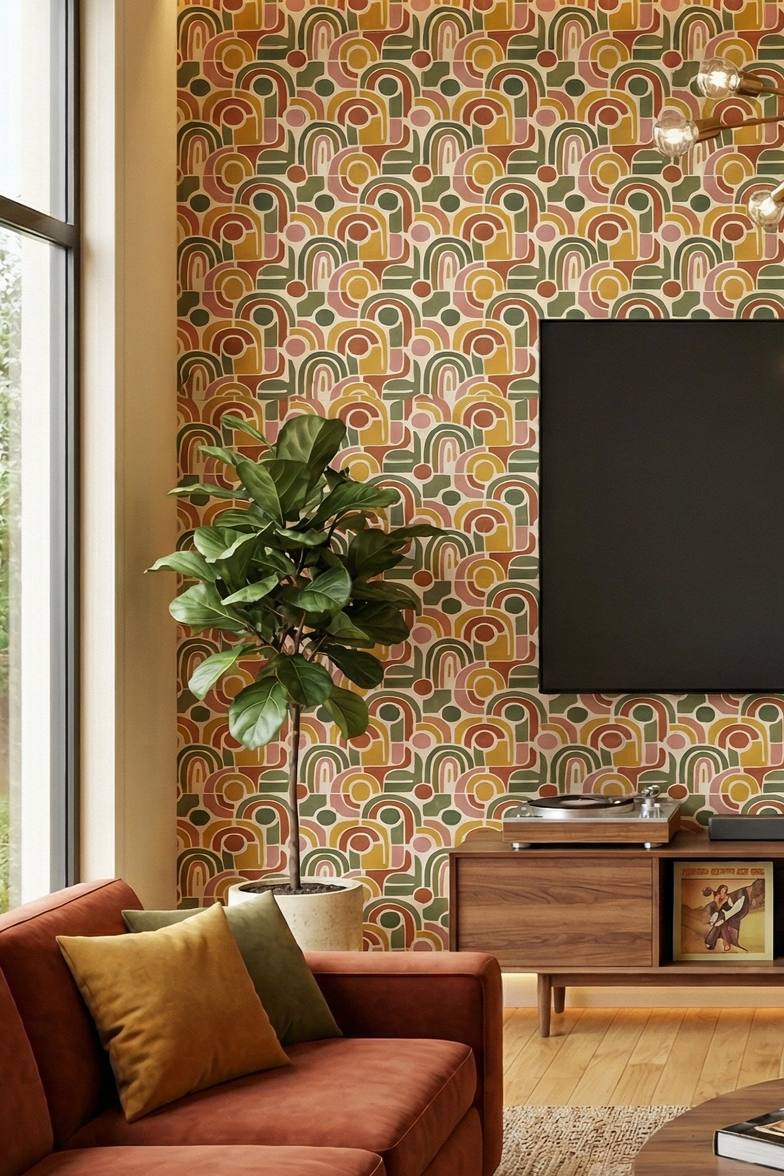 Rainbow Arcade wallpaper shown in a media room