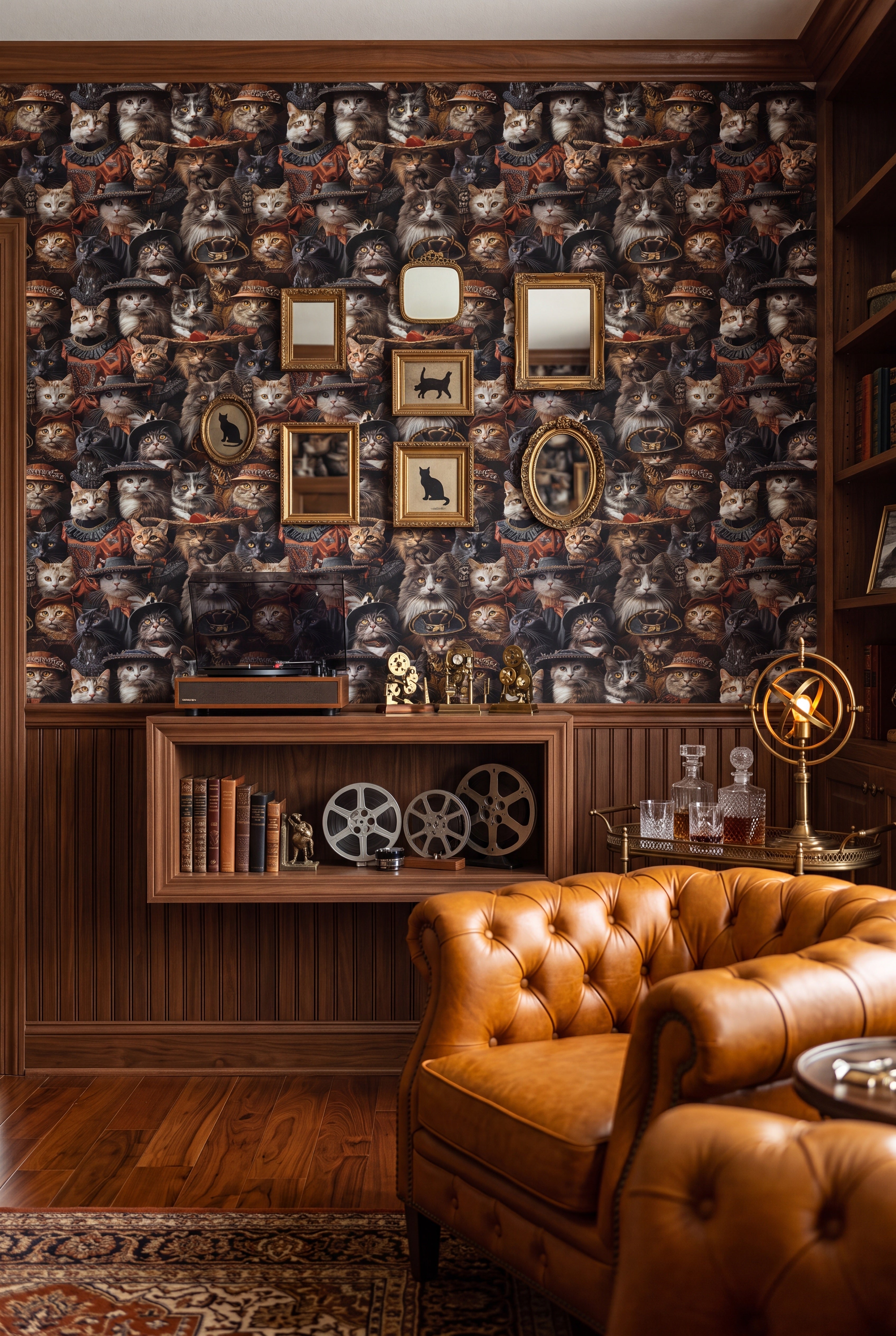 Velvet Whiskers wallpaper shown in a media room