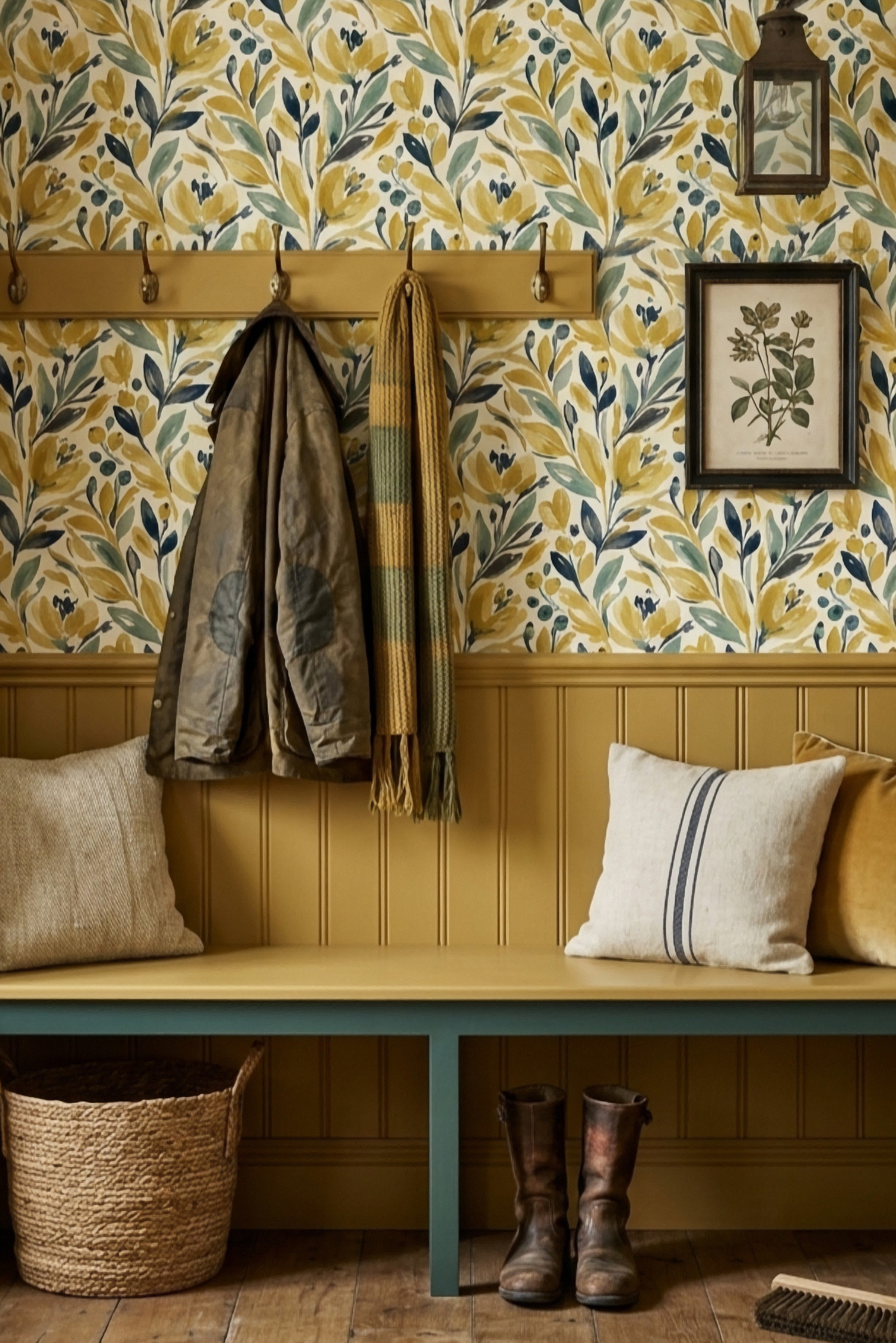 Golden Meadow wallpaper shown in a mudroom