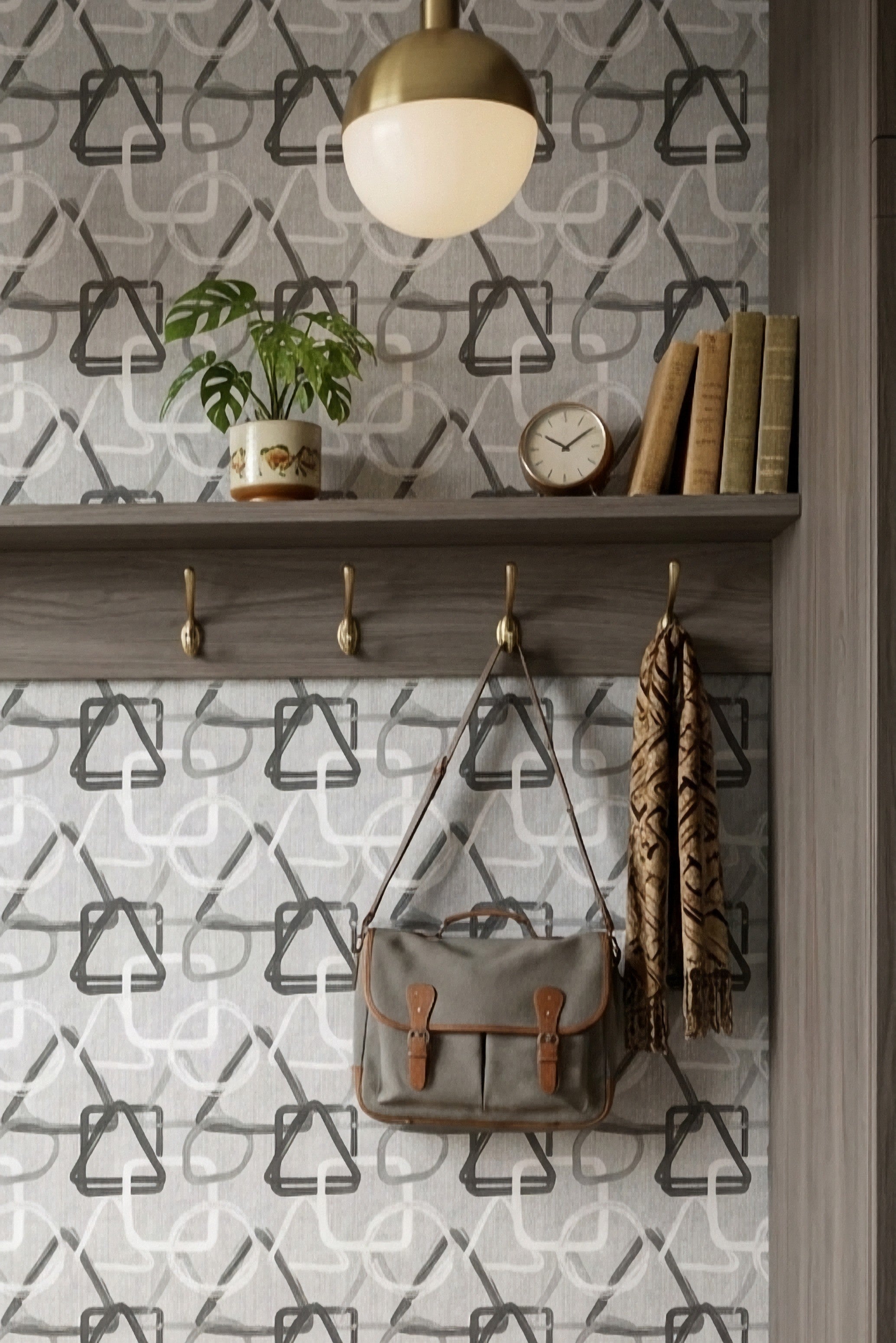 Graphite wallpaper shown in a mudroom