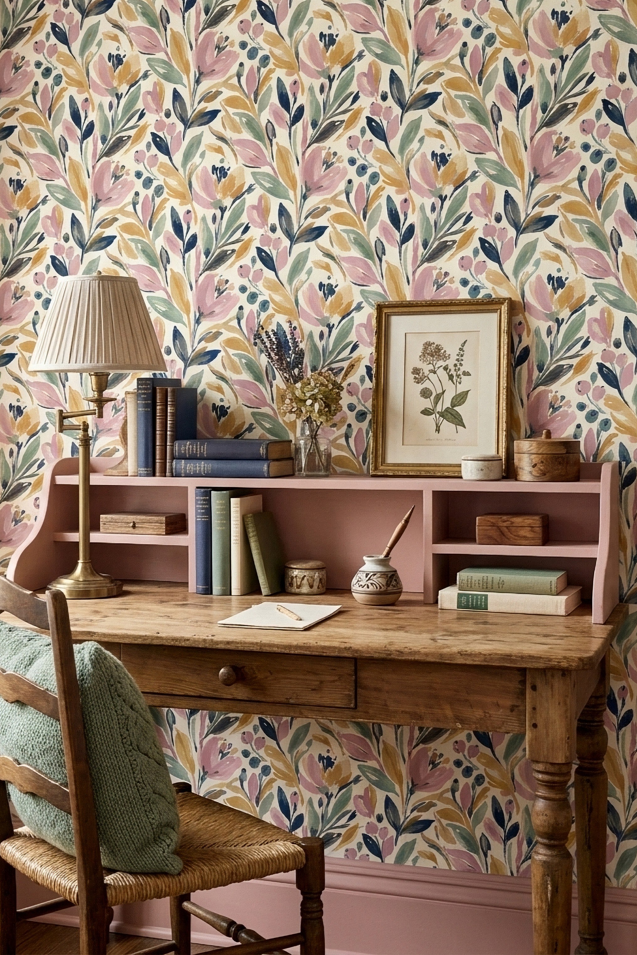 Cottage Posy wallpaper shown in a home office