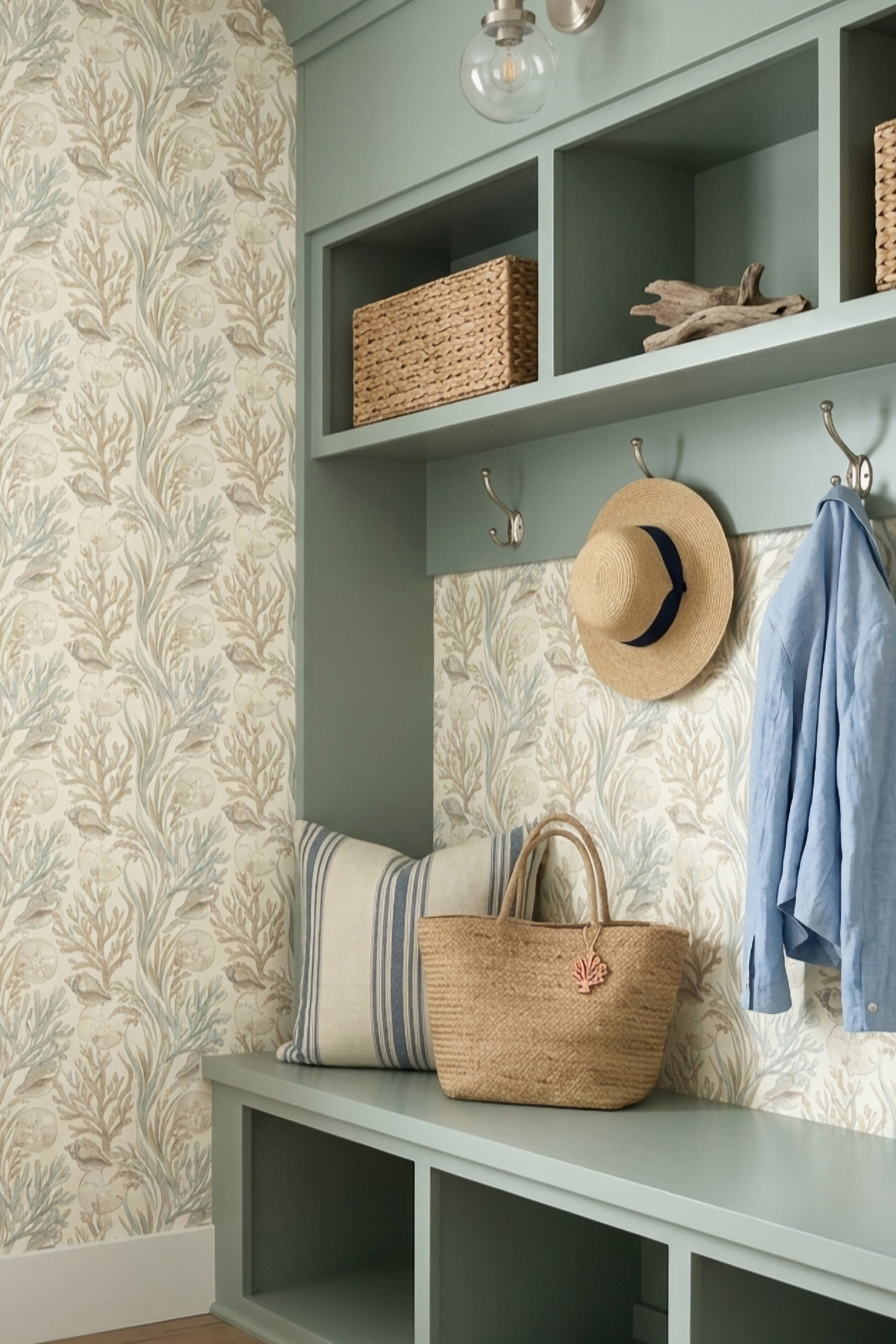 Sage Tide wallpaper shown in a mudroom