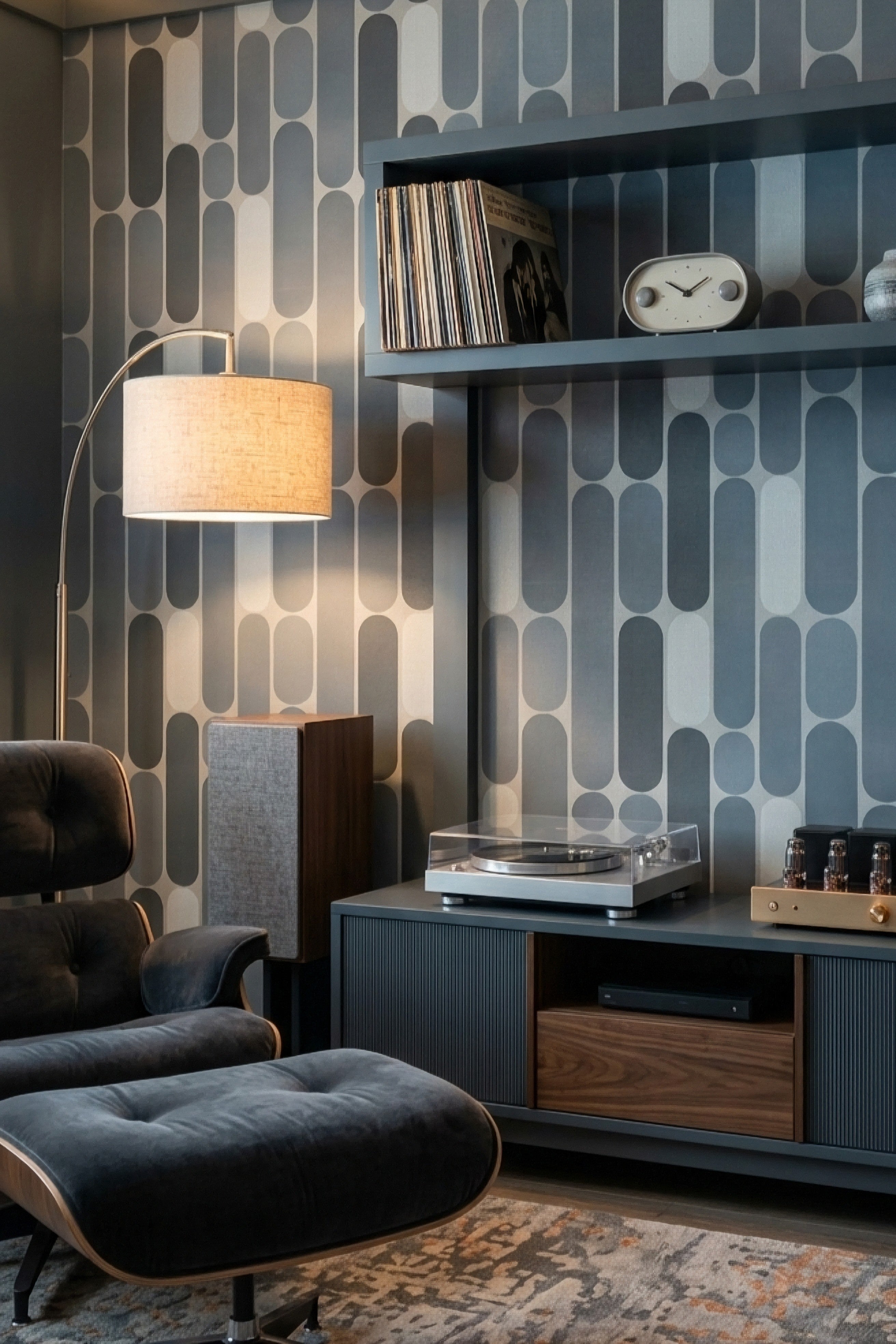 Slate Century wallpaper shown in a media room