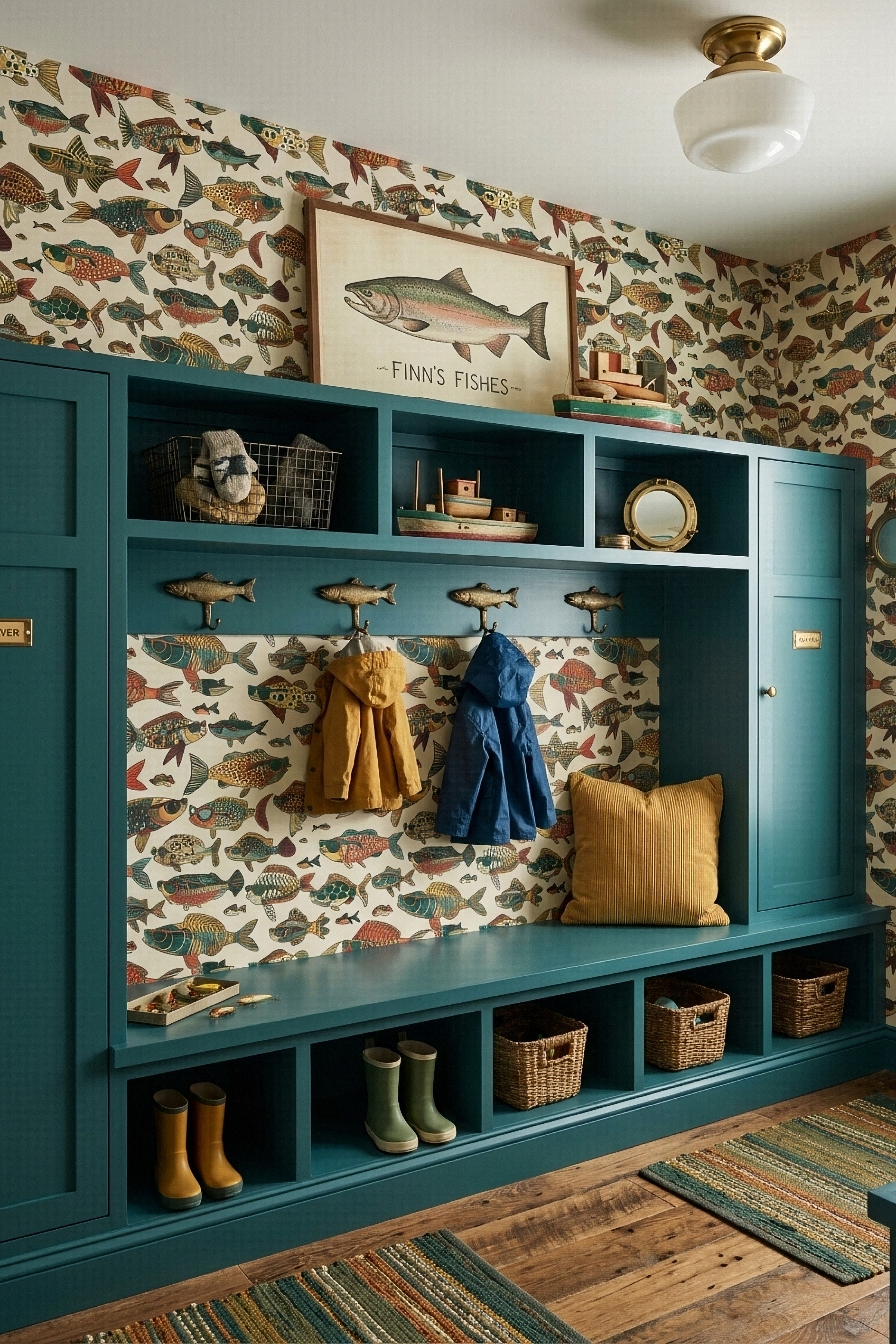 School's Out wallpaper shown in a mudroom