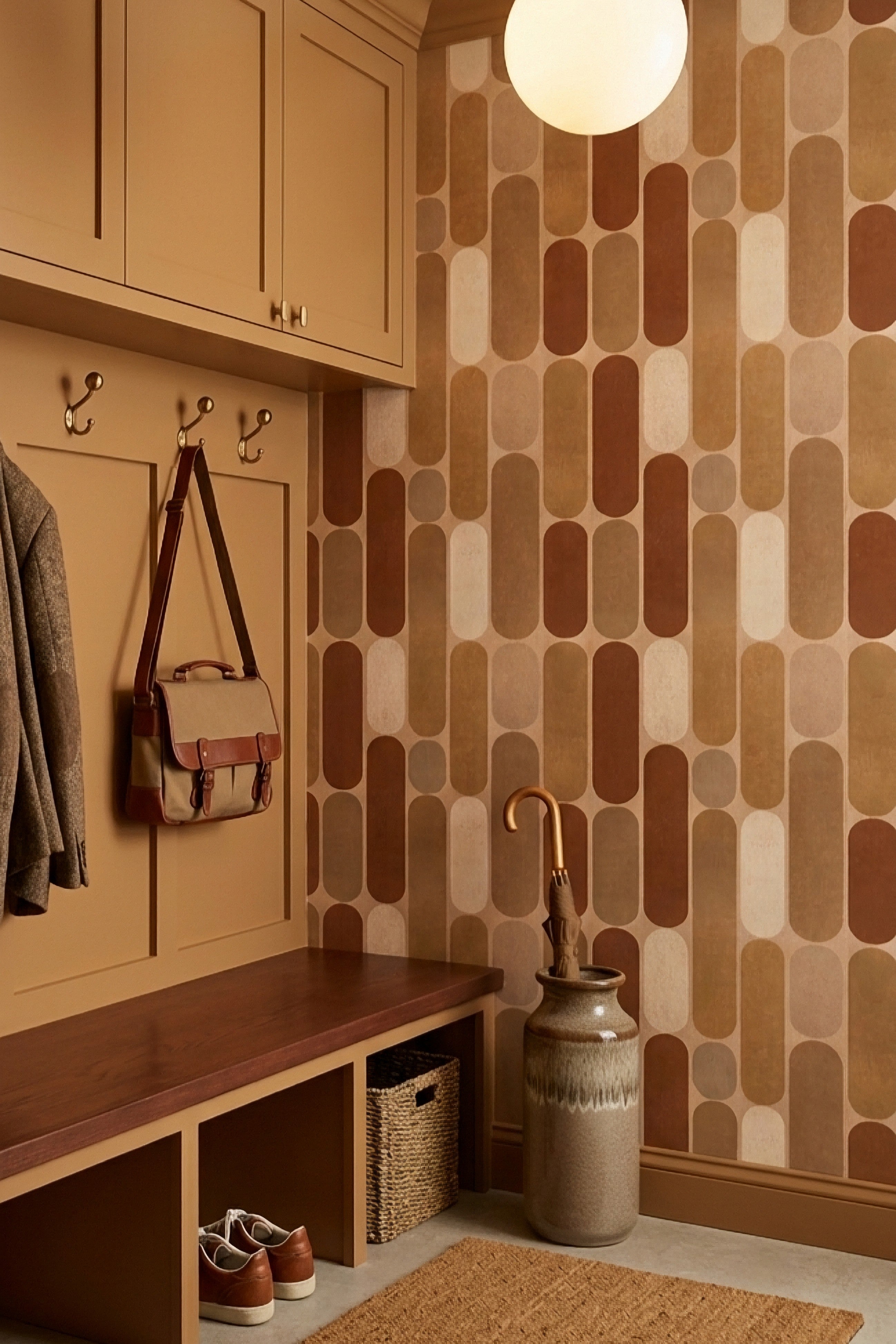Earthen Mod wallpaper shown in a mudroom