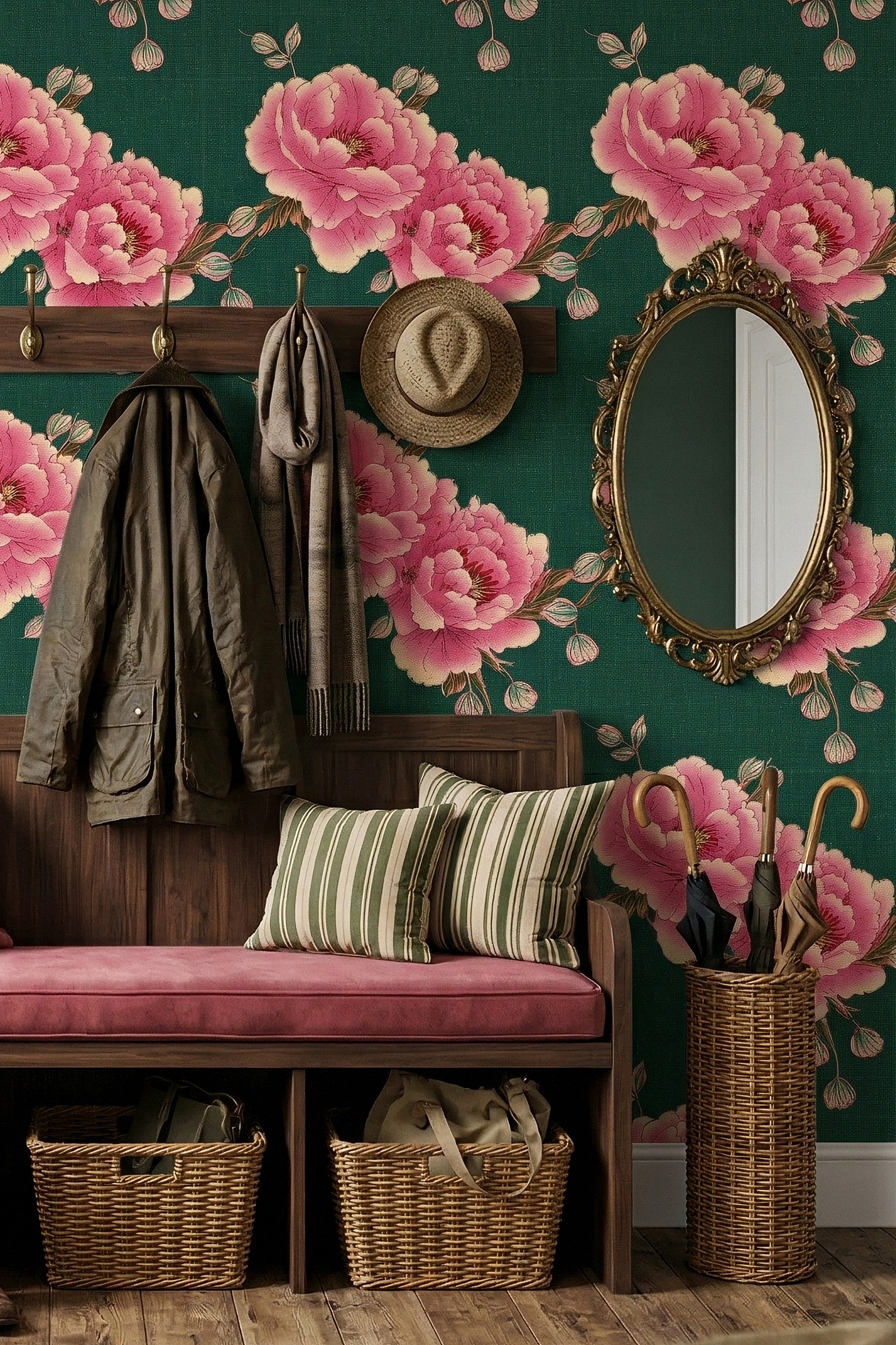 Garden Party wallpaper shown in a mudroom