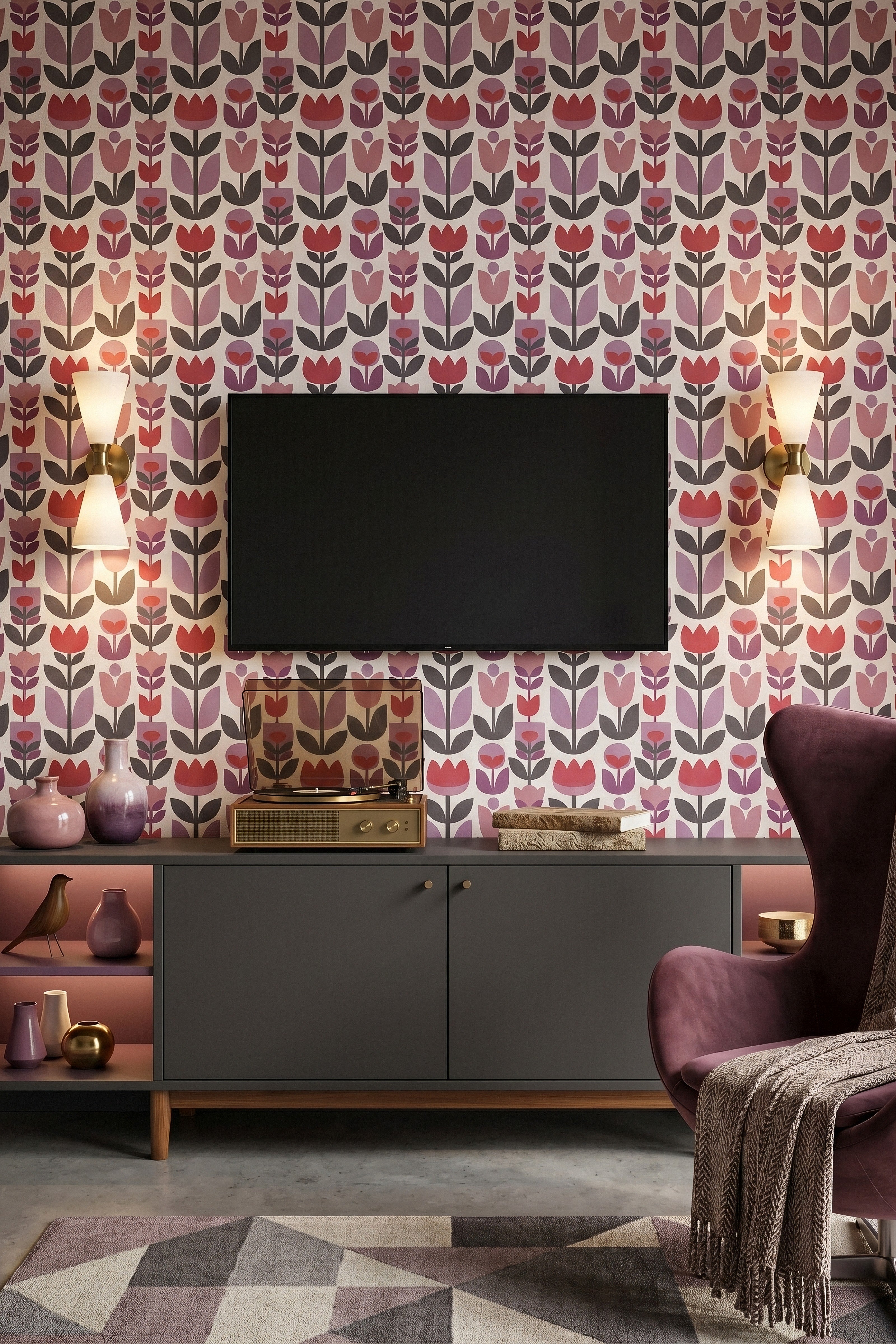 Tulip Mania wallpaper shown in a media room