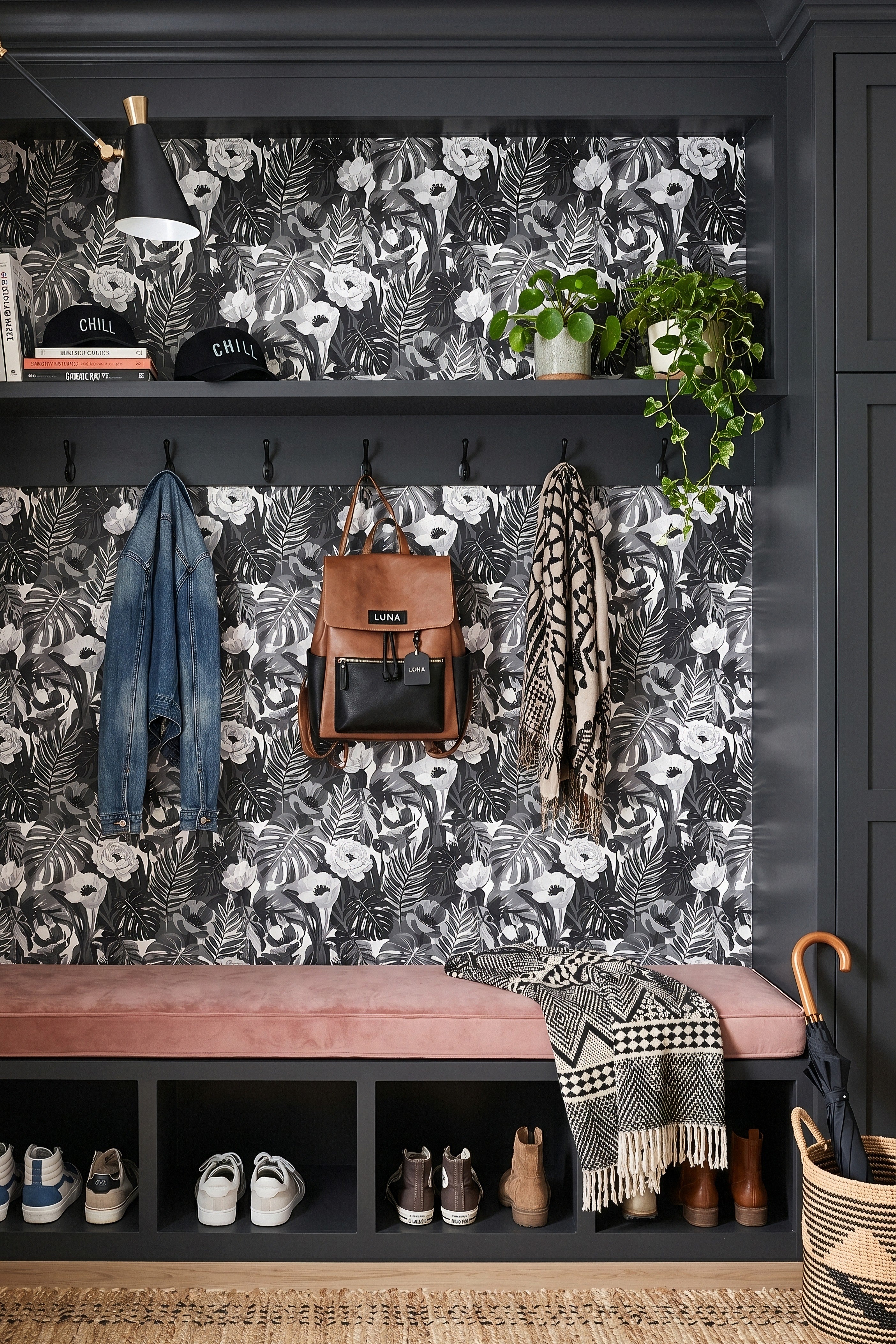 Tropic Noir wallpaper shown in a mudroom