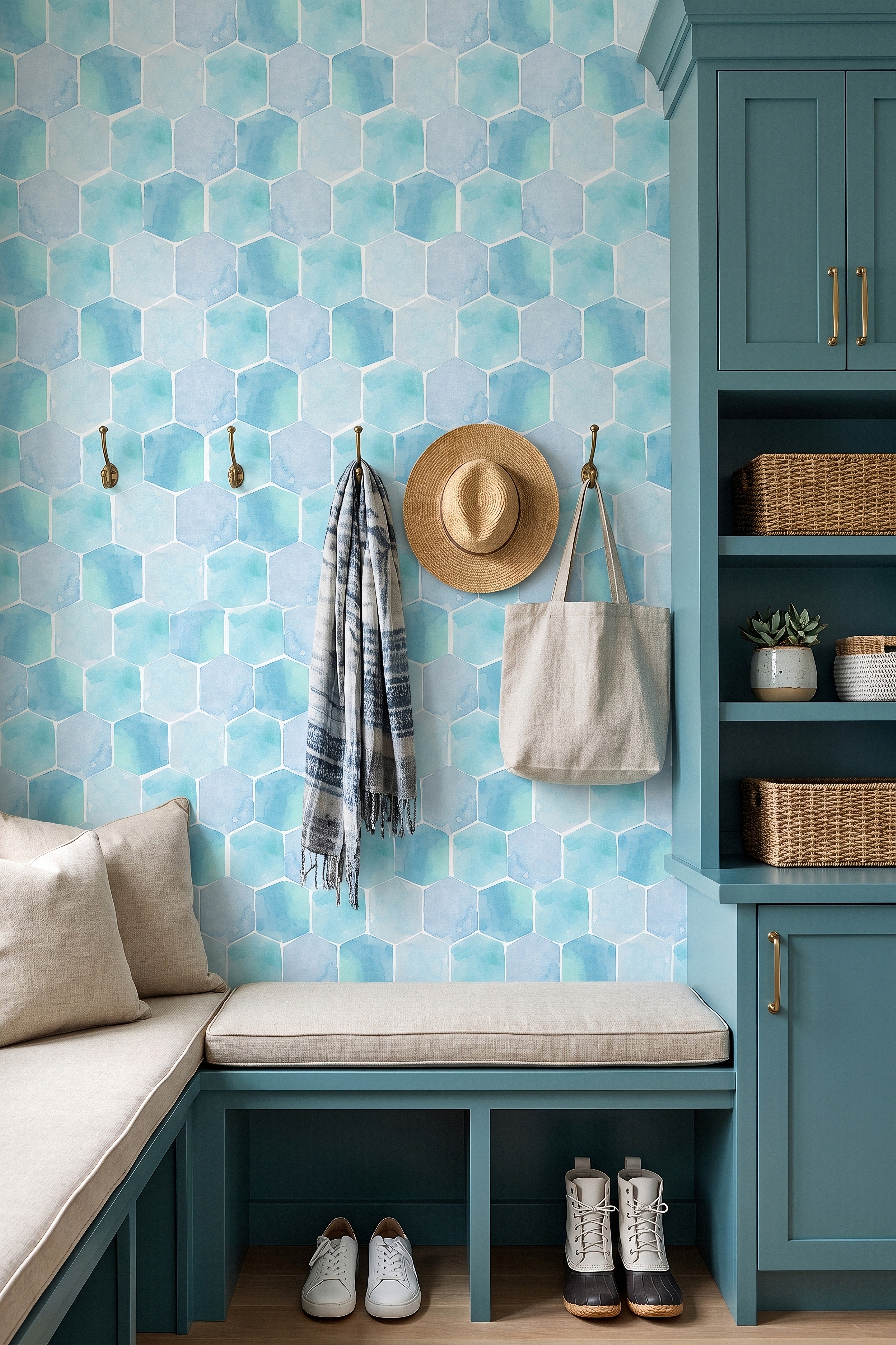 Sea Glass wallpaper shown in a mudroom