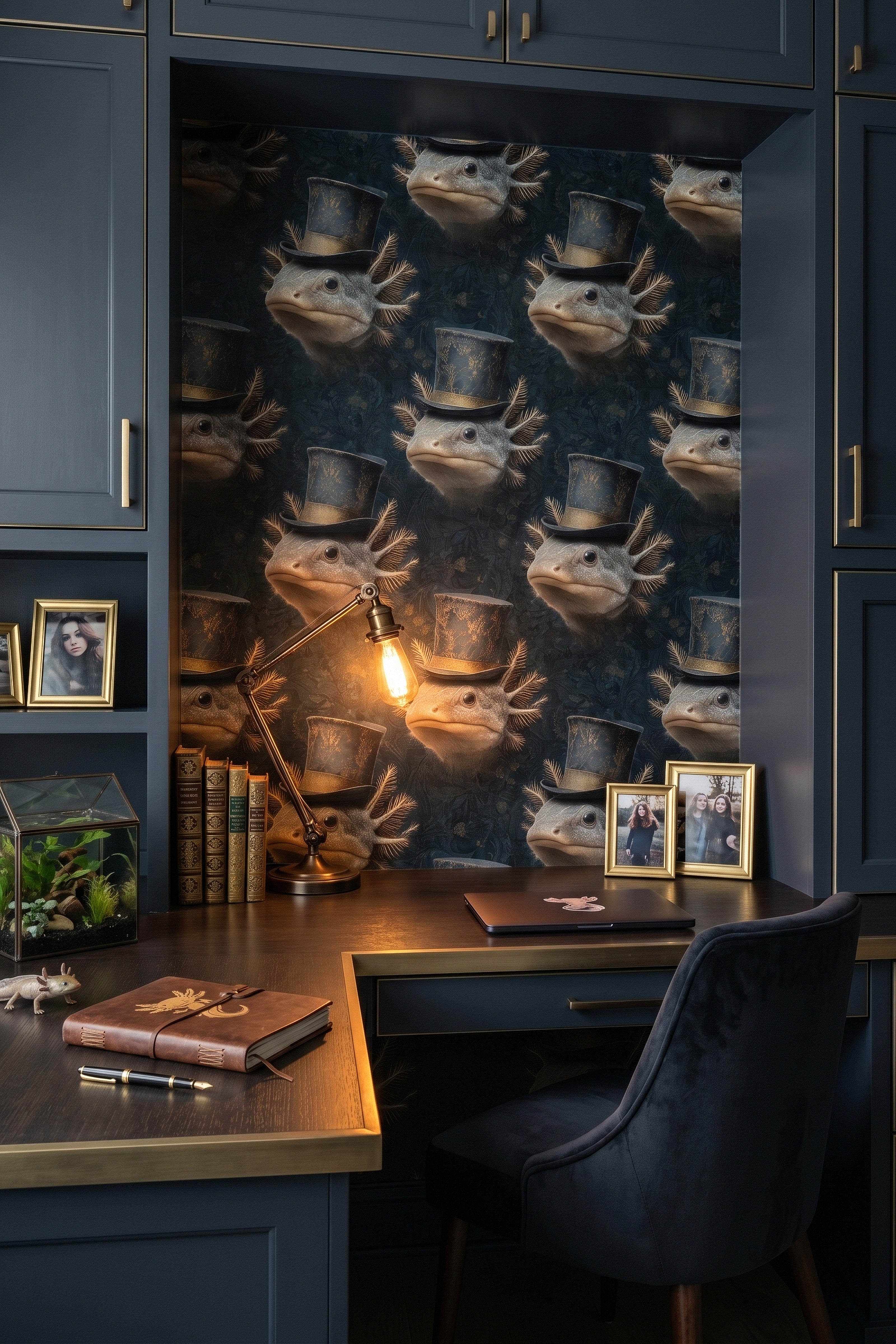 Dapper Axolotl wallpaper shown in a home office