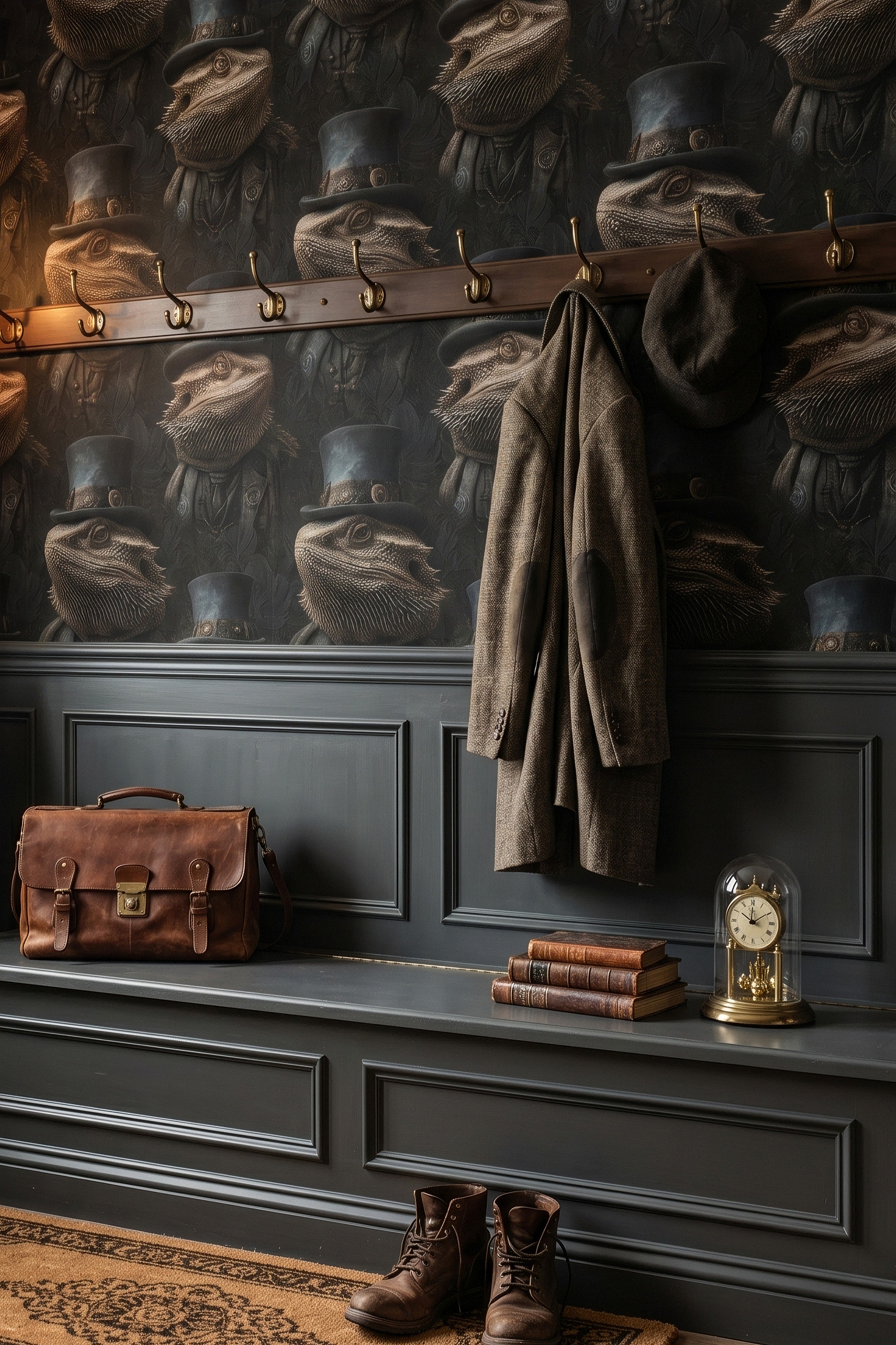 Dapper Dragon wallpaper shown in a mudroom