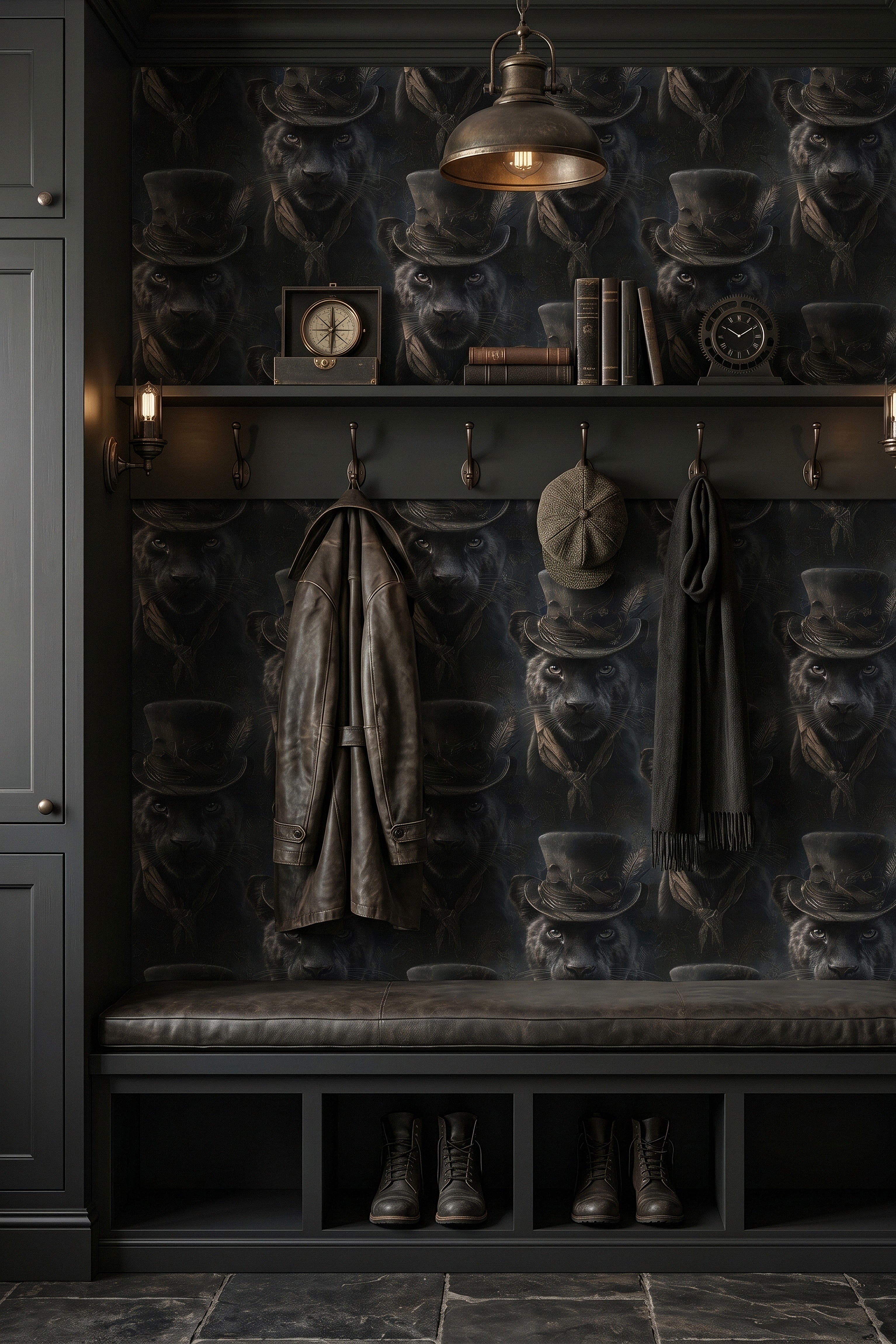 Dapper Panther wallpaper shown in a mudroom