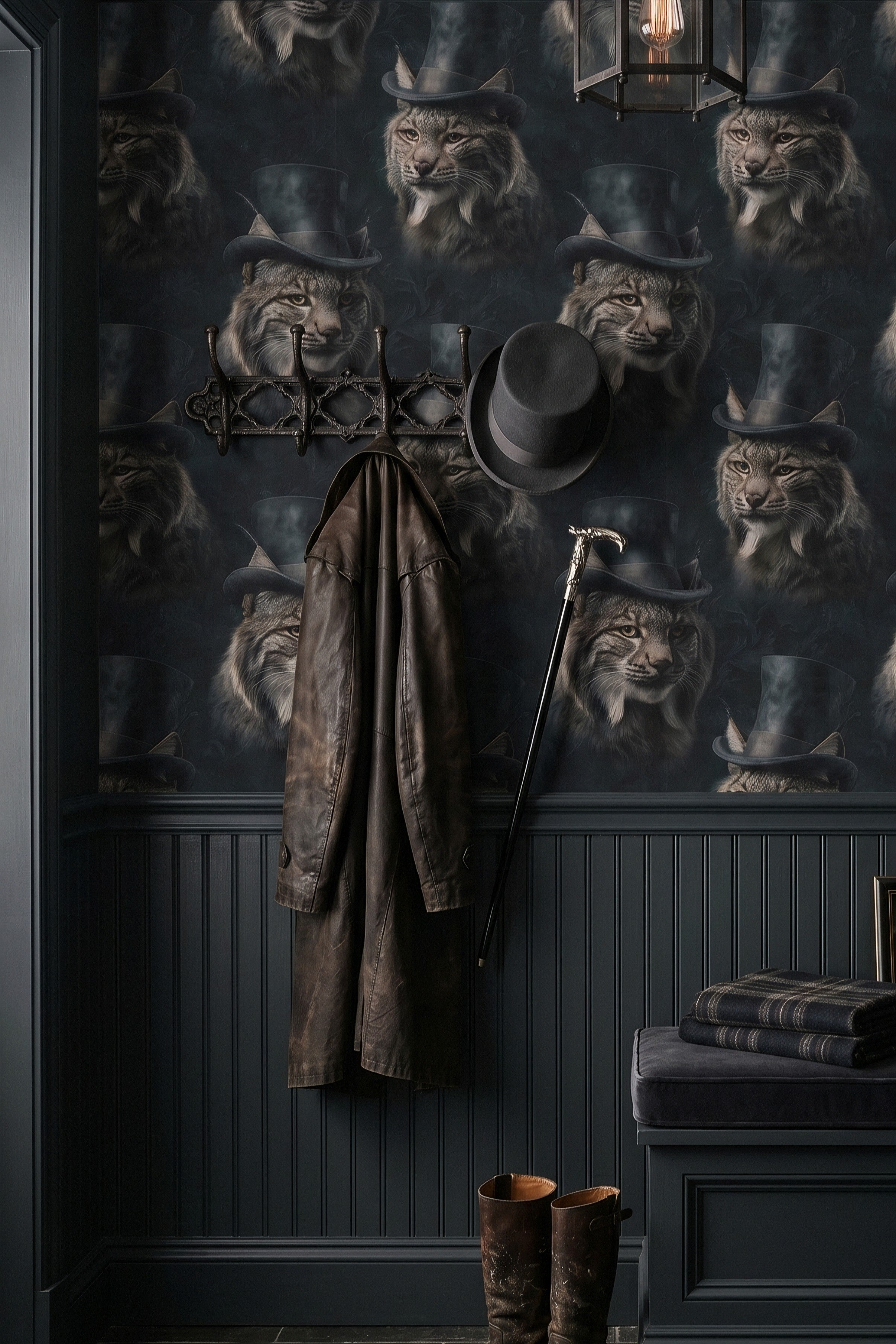 Dapper Bobcat wallpaper shown in a mudroom