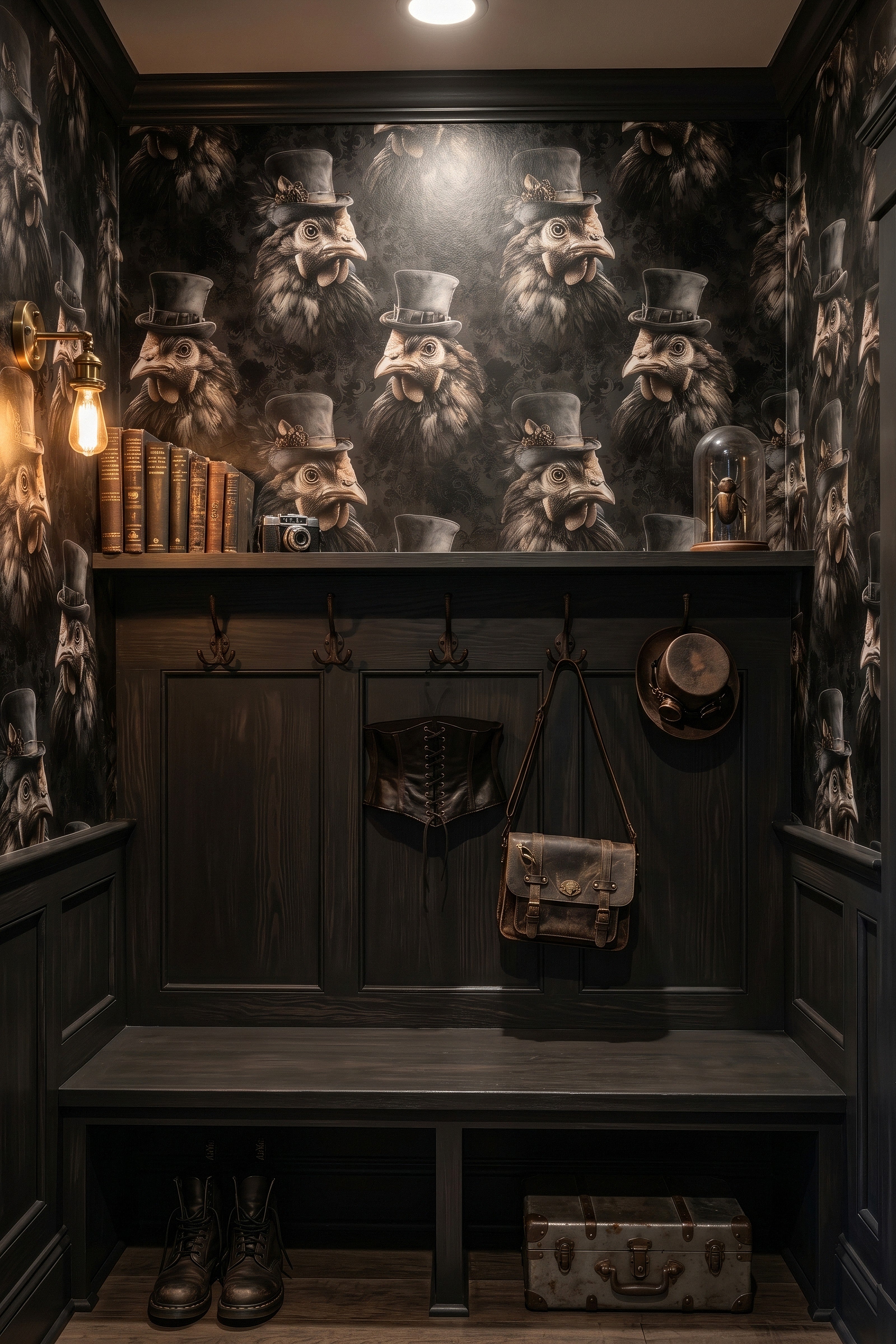 Dapper Hen wallpaper shown in a mudroom