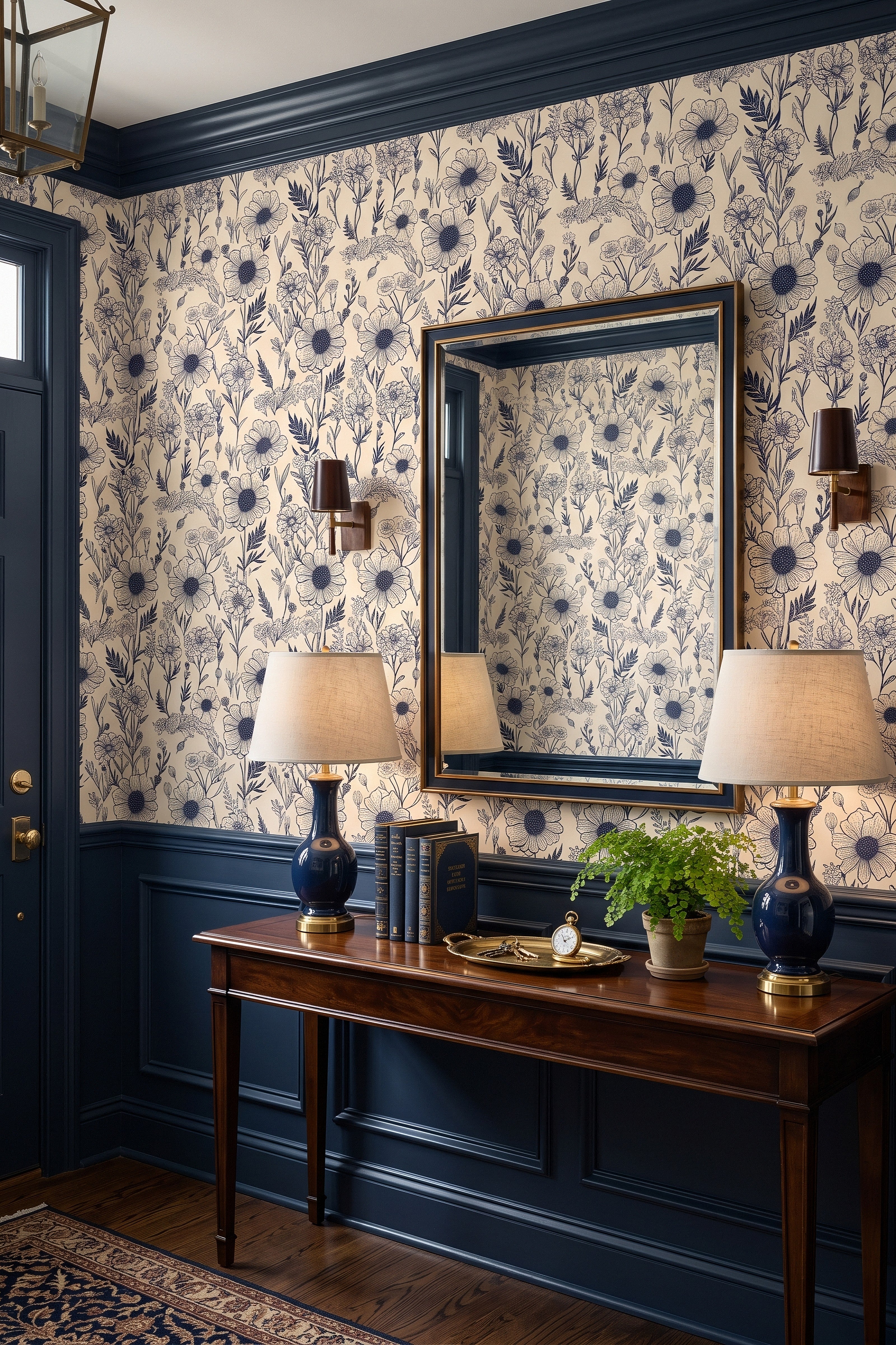 Navy Heirloom wallpaper shown in an entryway