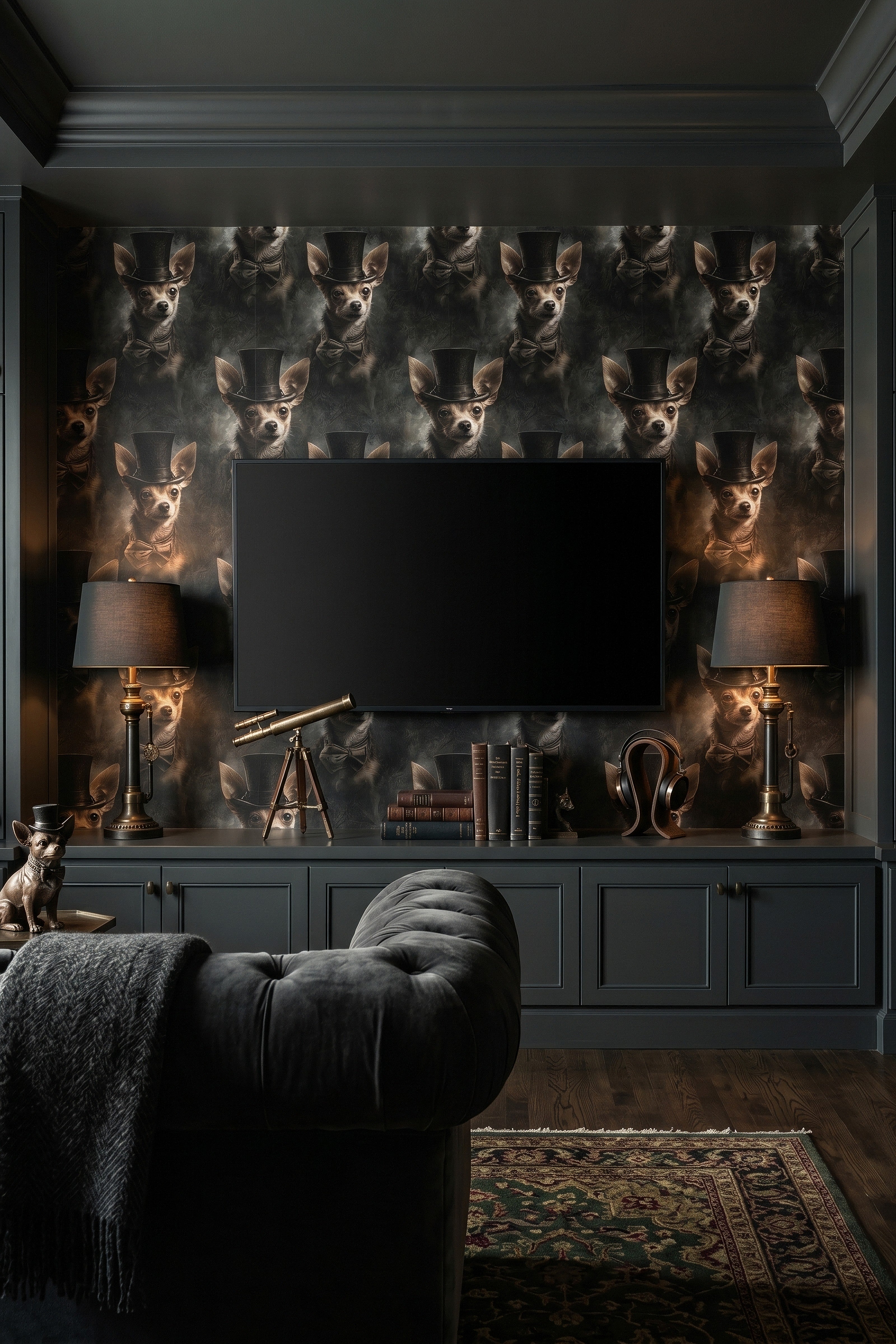 Dapper Chihuahua wallpaper shown in a media room