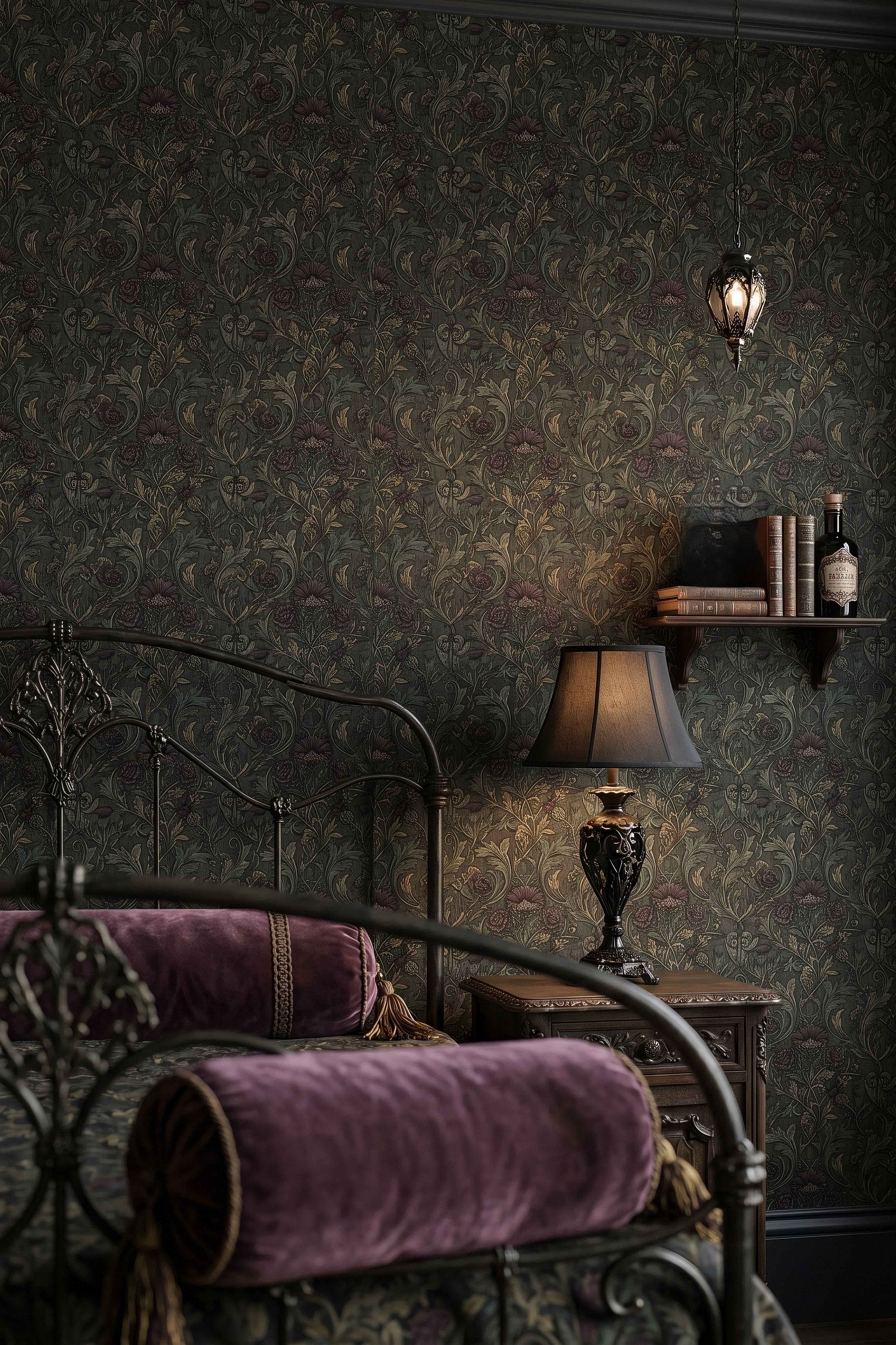 Morris Bordeaux wallpaper shown in a bedroom