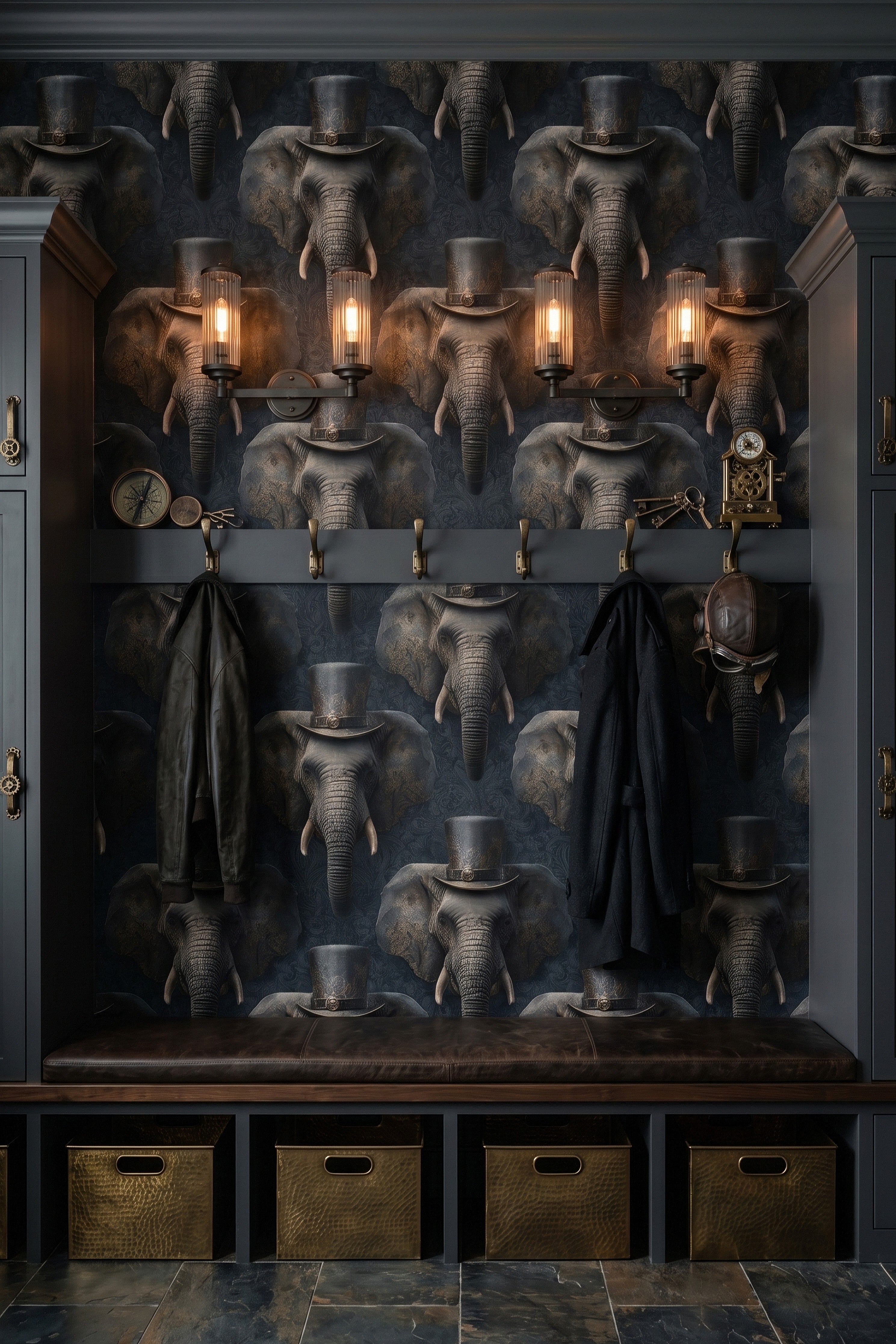 Dapper Elephant wallpaper shown in a mudroom