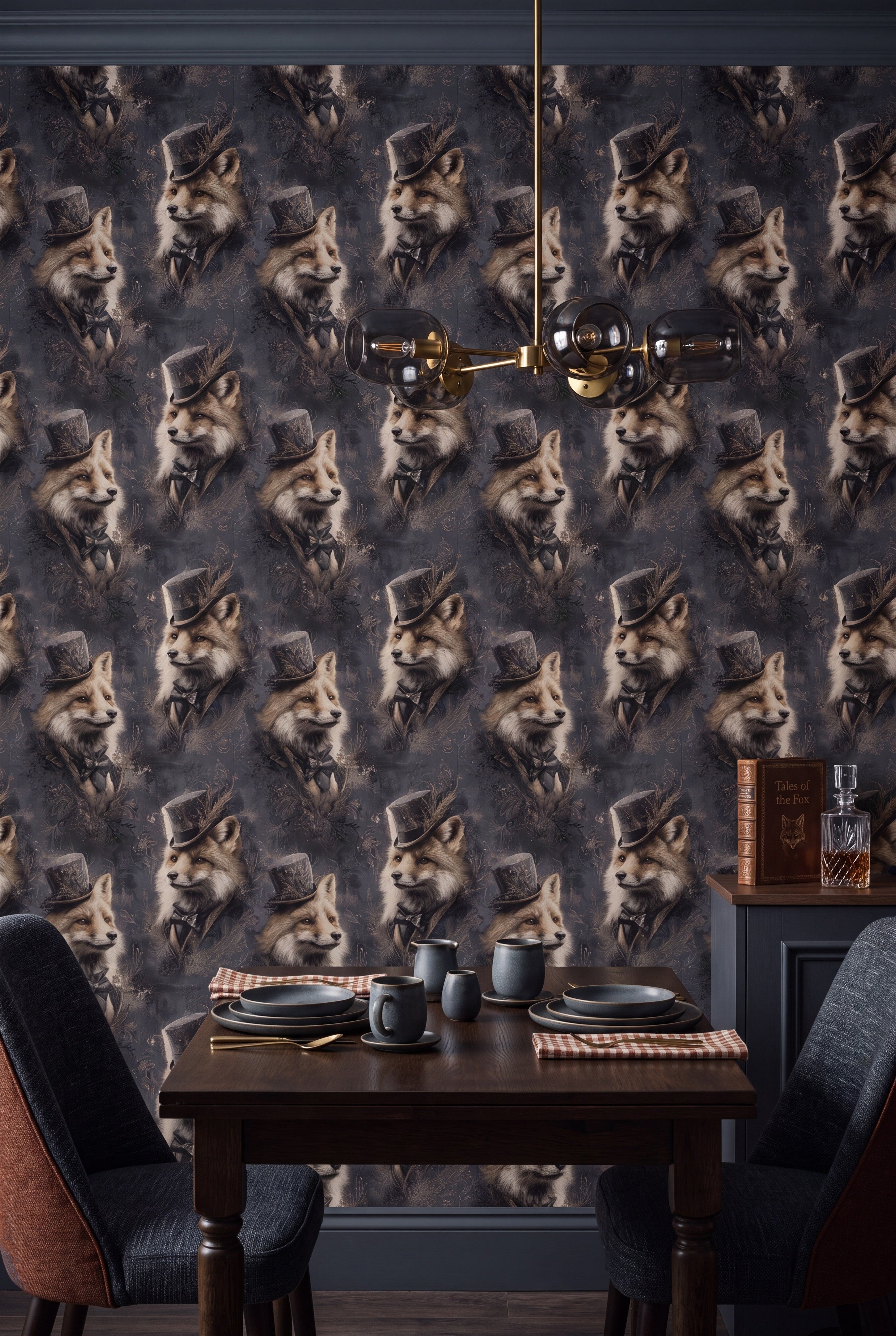 Foxglove Noir wallpaper shown in a dining room
